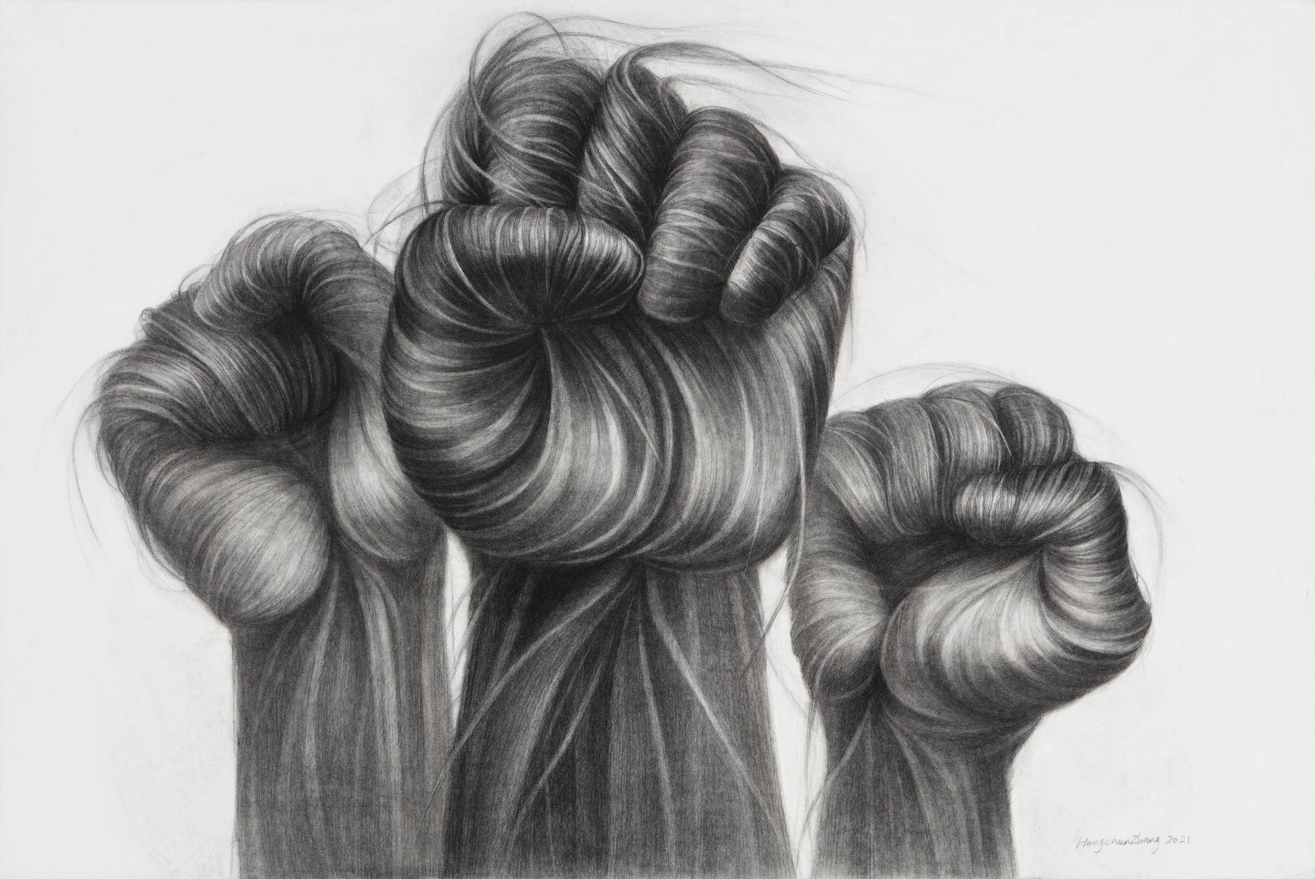 Two fists raised in a unified gesture, rendered in detailed charcoal with flowing, textured shading that creates a sense of movement and strength. The drawing emphasizes the musculature and form of the hands against a light background, with fine linear marks suggesting hair or texture flowing downward.