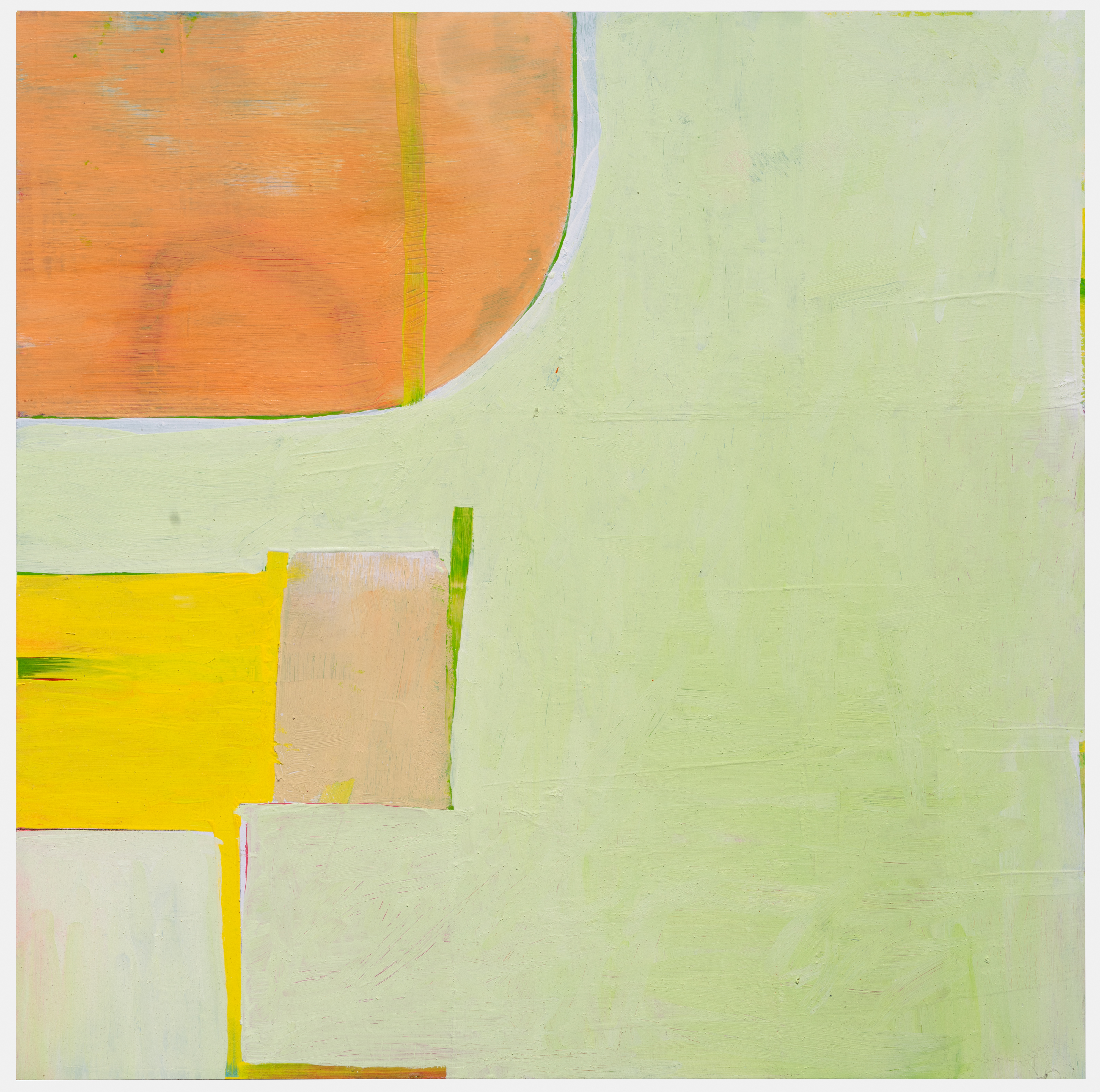 Abstract composition with geometric shapes in vibrant colors—orange, yellow, and pale green—separated by lime green lines. Soft brushstrokes and layered paint create a minimalist arrangement of overlapping rectangular and curved forms against a soft sage green background.