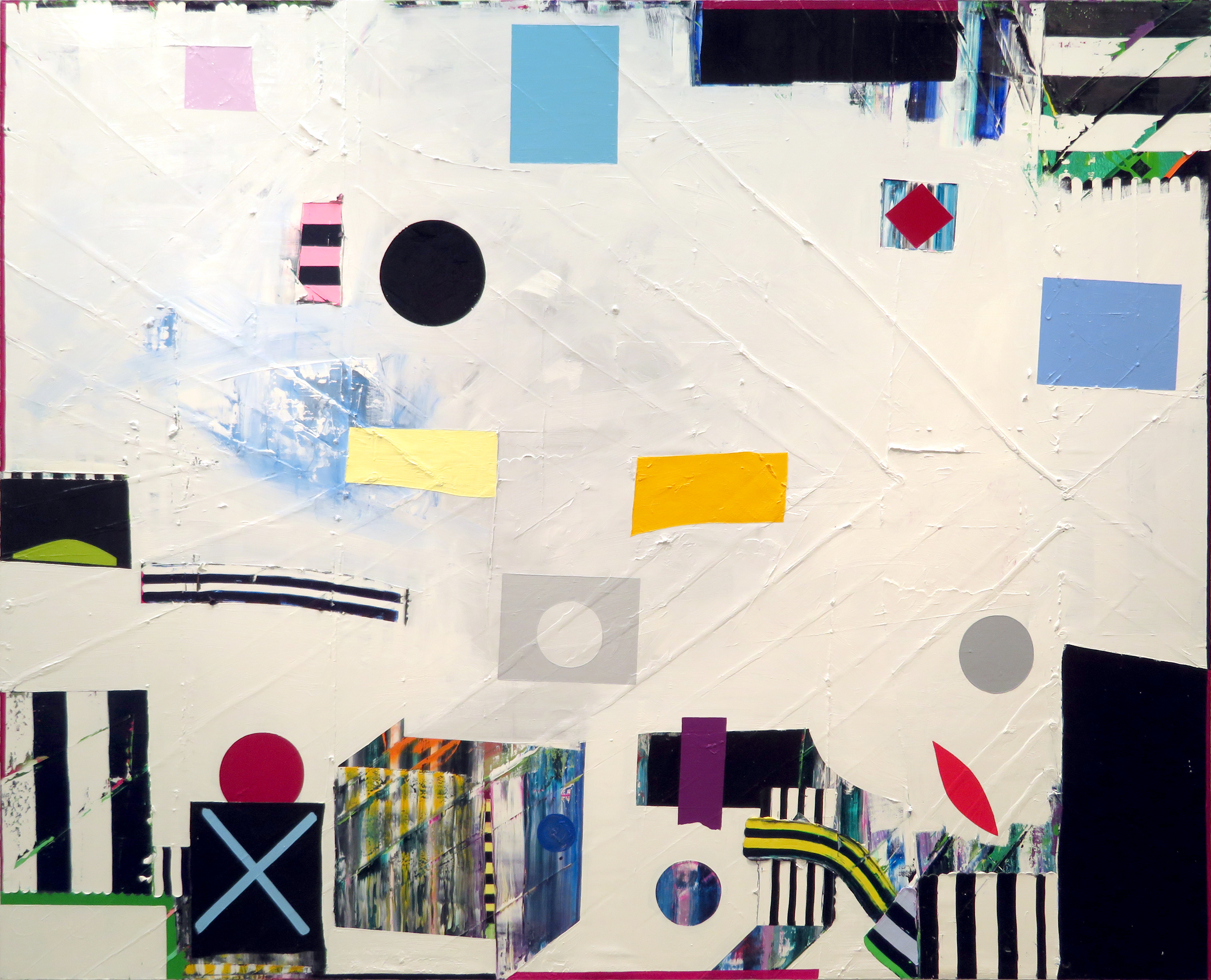 Abstract composition on a cream-colored canvas featuring scattered geometric shapes in vibrant colors—bright yellow and orange rectangles, blue squares, a large black circle, red and maroon circles, and a red curved form—interspersed with fragmented photographic or collaged elements including striped patterns, an X symbol, and textured surfaces. The layered, dynamic arrangement suggests movement and weightlessness across the composition.