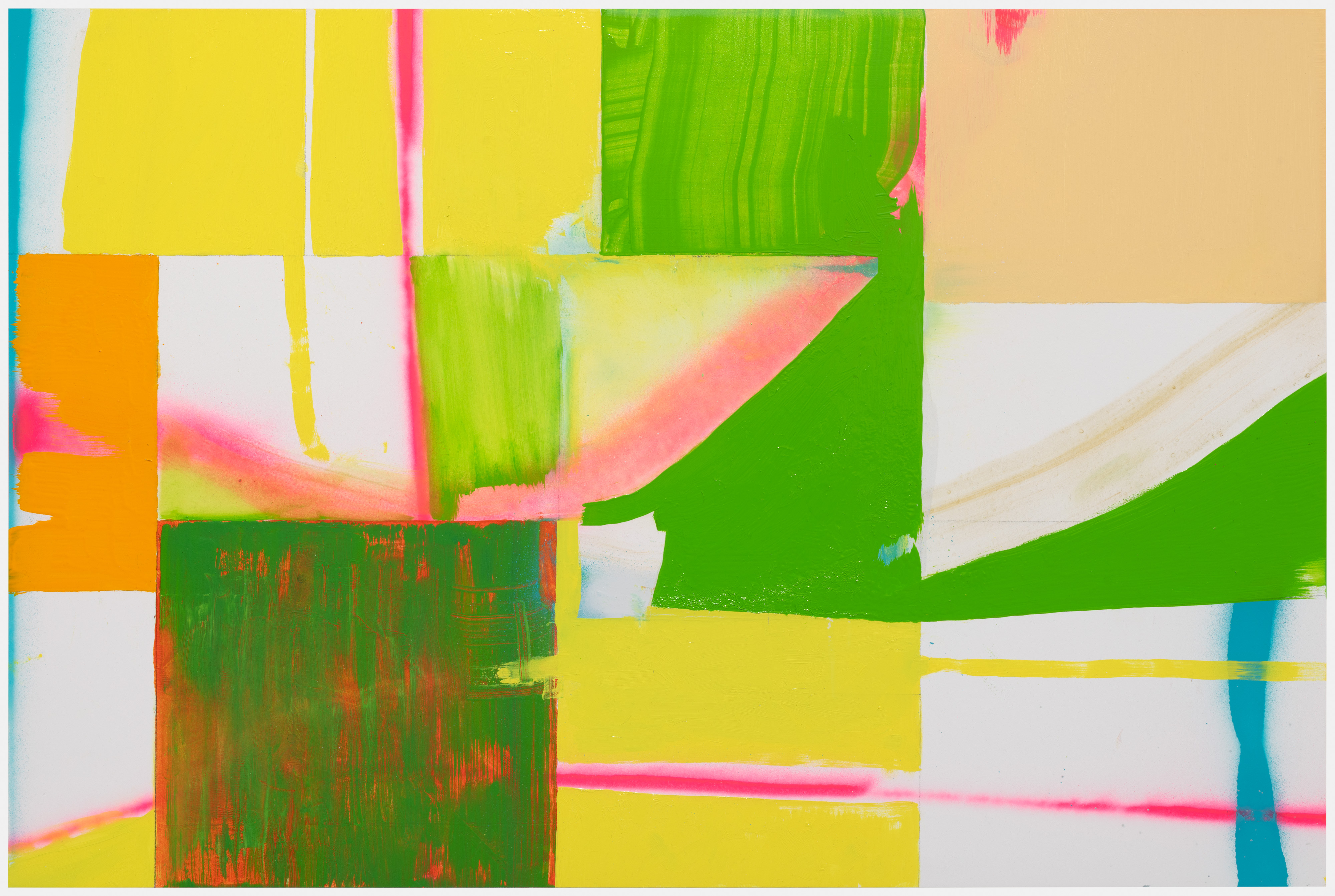 Abstract composition of overlapping geometric shapes and brushstrokes in vibrant yellows, greens, pinks, and oranges against white and neutral backgrounds. Layered rectangles and curved forms create depth, with gestural marks and textured areas suggesting movement across the canvas.