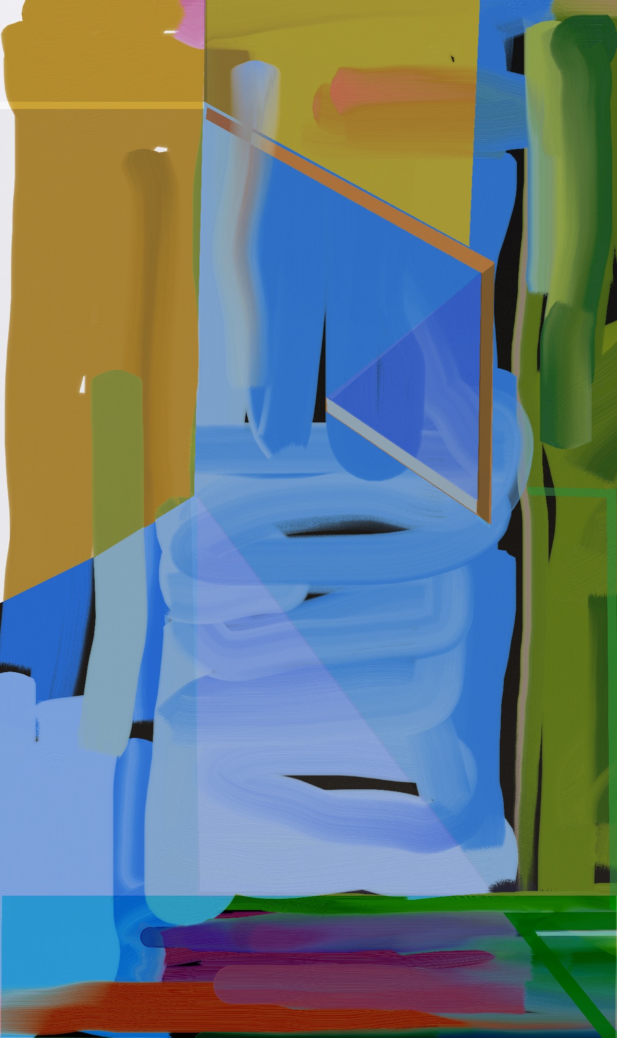 An abstract digital composition featuring geometric architectural forms in vibrant colors including gold, blue, green, and pink. Layered angular shapes and cylindrical structures create a fragmented interior space with strong color blocking and overlapping planes that suggest depth and movement.