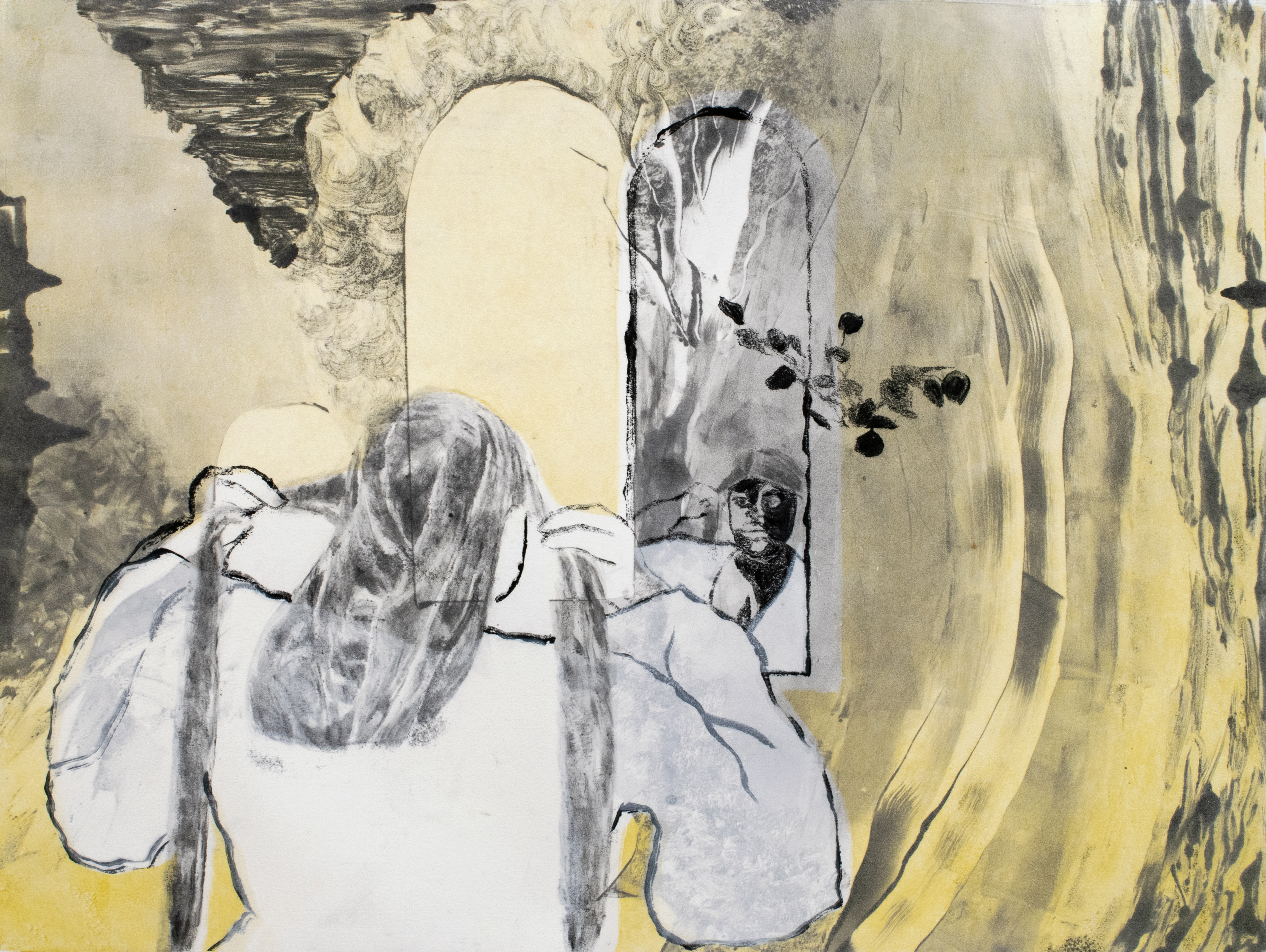 A figure with long hair viewed from behind gazes into an arched doorway or mirror, where a smaller reflected figure appears. The composition blends gestural charcoal and ink drawing with soft washes of yellow and gray tones, creating an ethereal, layered effect against a weathered cream background.