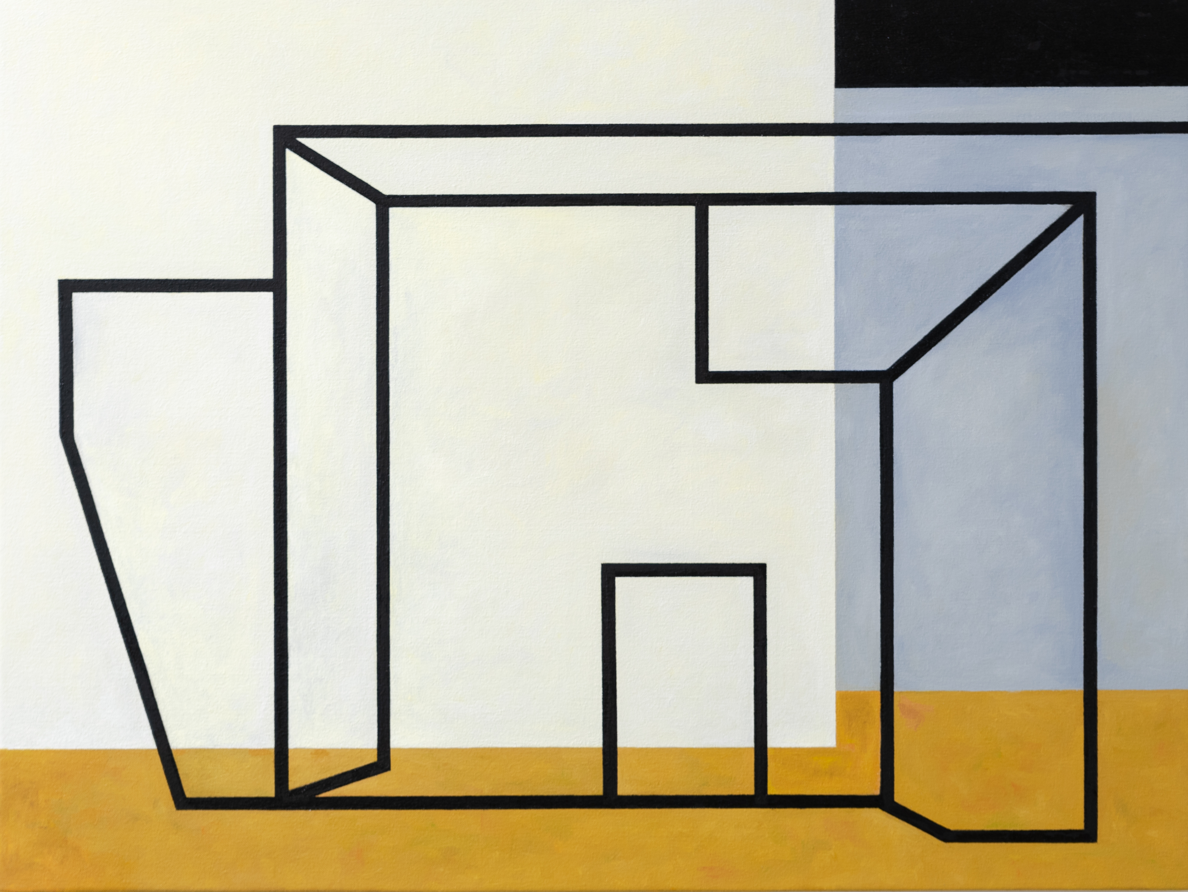 Geometric abstract composition featuring simplified architectural forms outlined in black lines against a cream-colored background, with a golden-yellow horizontal band at the base and soft blue-gray tones occupying the upper right portion of the canvas.