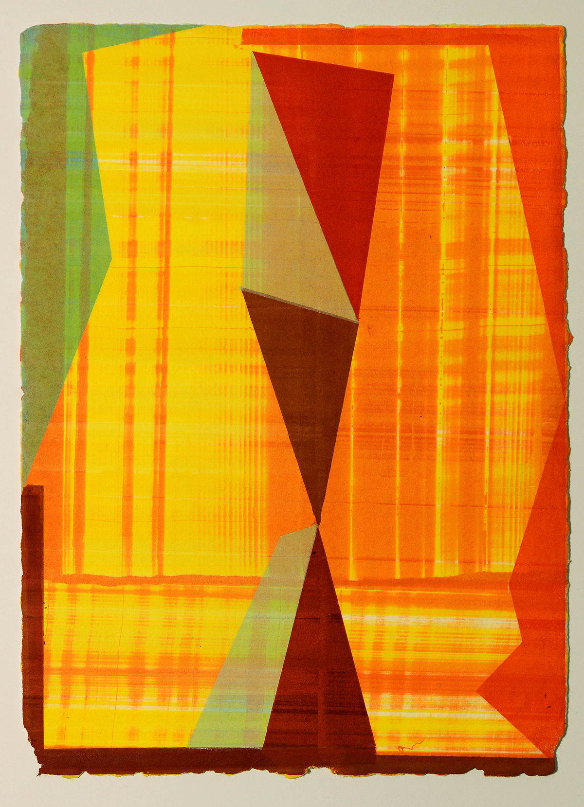 Abstract monoprint featuring geometric triangular shapes in deep red and brown tones overlaid on a grid-patterned background in vibrant yellows and oranges, with muted green accents along the left edge. The composition creates a sense of depth through layered, translucent forms against the striped textile surface.