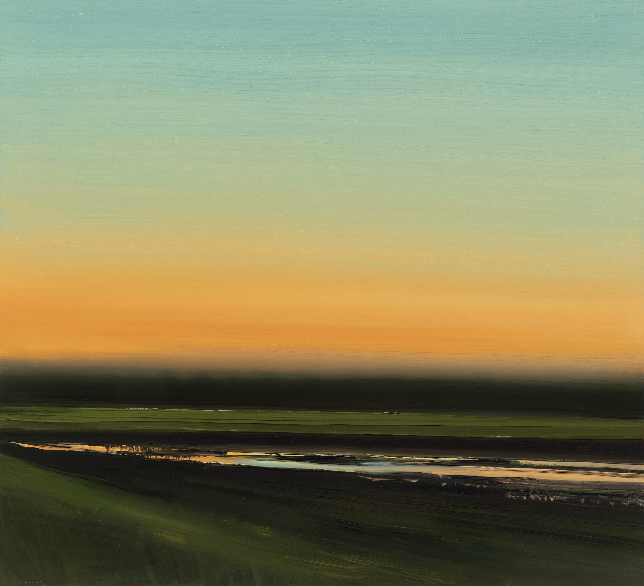 Horizontal landscape composition with a gradient sky transitioning from teal at the top through pale yellow to warm orange at the horizon. Dark landforms divide the composition, with a reflective body of water catching golden light in the center, and soft green tones in the foreground suggesting vegetation or fields. The painting employs soft, horizontal brushwork creating a sense of atmospheric depth and stillness.