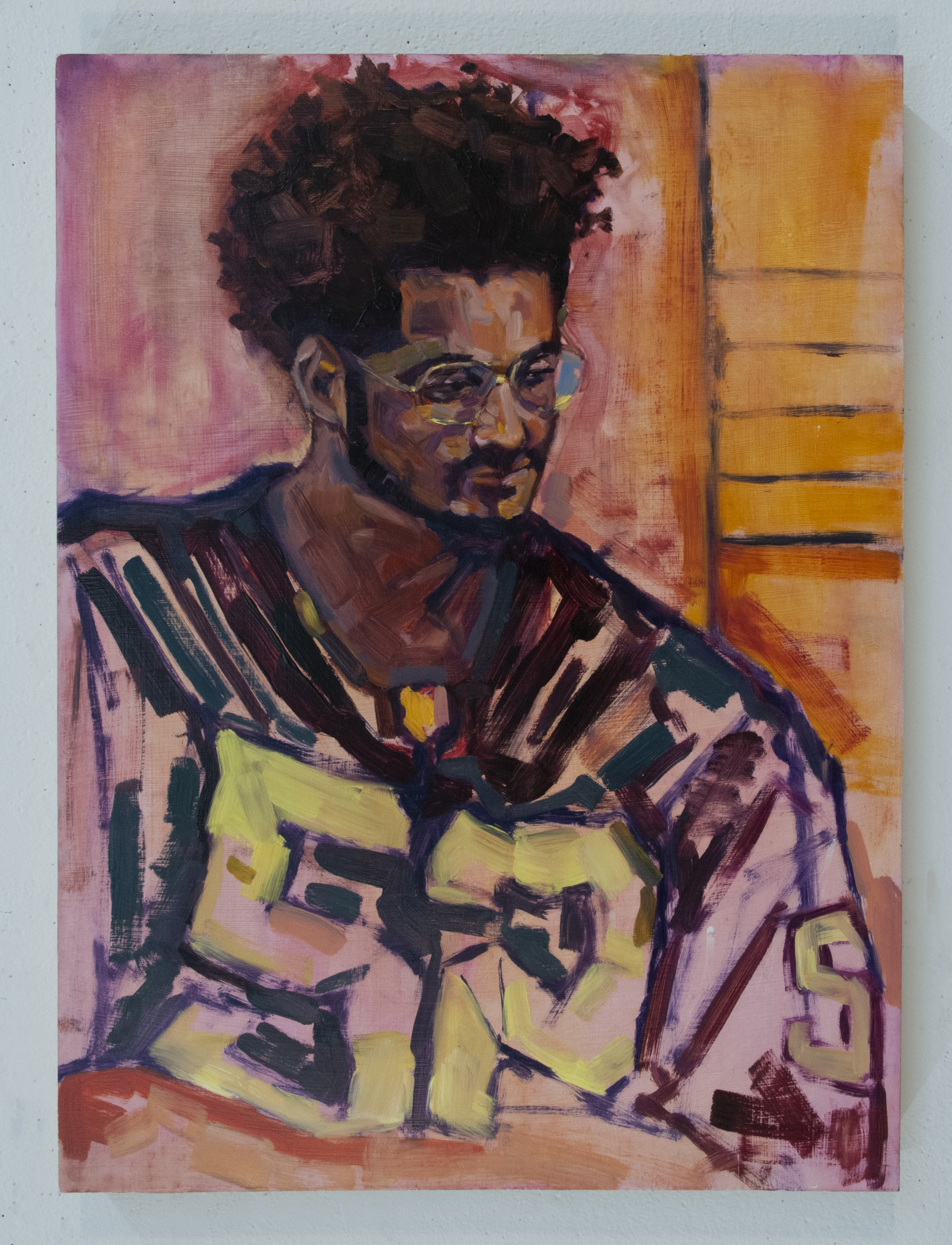 Portrait of a person wearing glasses and a patterned yellow and dark purple garment, rendered in bold expressionist brushstrokes. The composition uses a warm palette of pinks, purples, yellows, and oranges, with loose, gestural mark-making that emphasizes emotional intensity over realistic detail.
