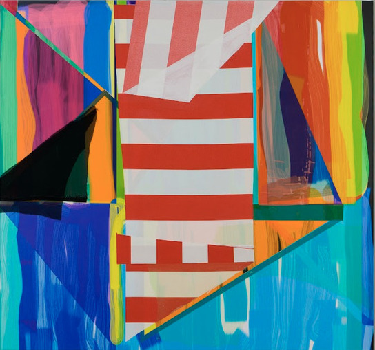Vibrant abstract composition featuring bold geometric shapes and stripes in red, white, blue, cyan, orange, yellow, and black. Layered angular forms and horizontal bands create dynamic movement across the canvas, with contrasting painted and printed elements suggesting depth and dimensionality.