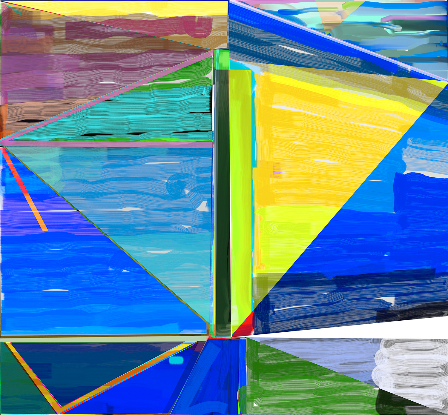 Vibrant digital abstract composition divided into four quadrants by a central vertical and horizontal axis, dominated by bold blues, yellows, greens, and magentas. Horizontal brushstrokes and geometric triangular forms create dynamic movement across the surface, with layered color fields and linear elements suggesting depth and fragmentation.