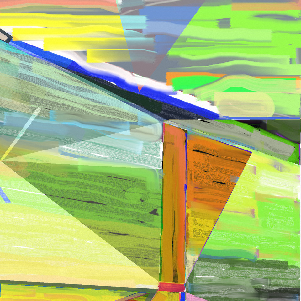 Abstract digital composition with overlapping geometric forms in vivid lime green, yellow, blue, and orange. Horizontal and diagonal lines create a fragmented, glitched aesthetic with layered transparency effects and streaked, pixelated textures throughout.