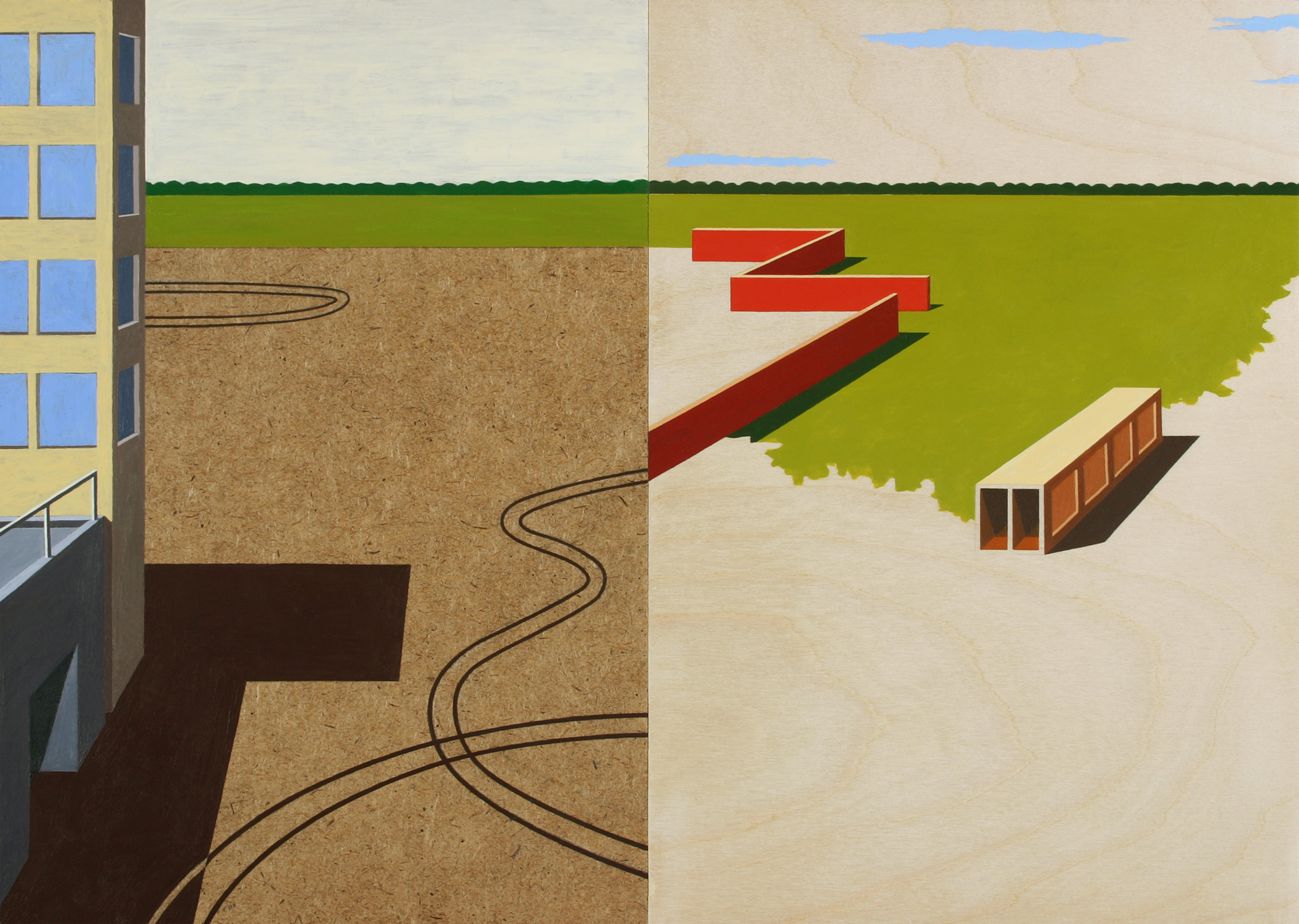A stylized architectural illustration depicting a multi-story building with yellow walls and blue windows on the left, adjacent to a cross-section of earth showing underground utility lines and a dark foundation chamber. The right side reveals an outdoor landscape with bright green grass, red geometric structures, a brick retaining wall, and blue sky, rendered in flat, graphic forms with bold outlines and a limited color palette.