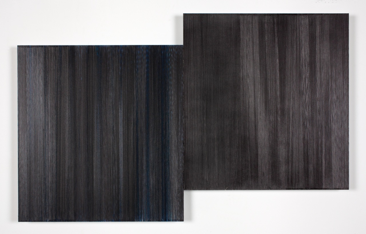 Two overlapping rectangular compositions with vertical linear marks in graphite and dark blue, creating a textured, layered effect. The left panel is slightly smaller and positioned lower, while the right panel rises above it, both rendered in deep charcoal tones with subtle variations in line weight and color saturation.