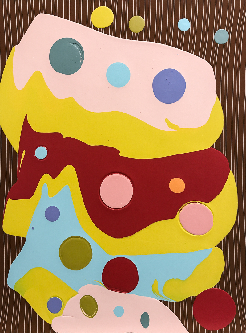 Abstract composition featuring stacked, undulating organic shapes in vibrant hues of yellow, pink, red, and blue, embellished with circles of varying sizes in complementary colors. Fine vertical lines create a textured background.