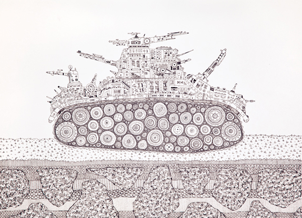 A meticulously detailed ink drawing depicting a massive armored tank topped with an elaborate mechanical cityscape, rendered in fine linear detail. The composition shows the vehicle's prominent tread tracks against layered cross-sections of earth and soil below, created through intricate stippling and line work on a light background.