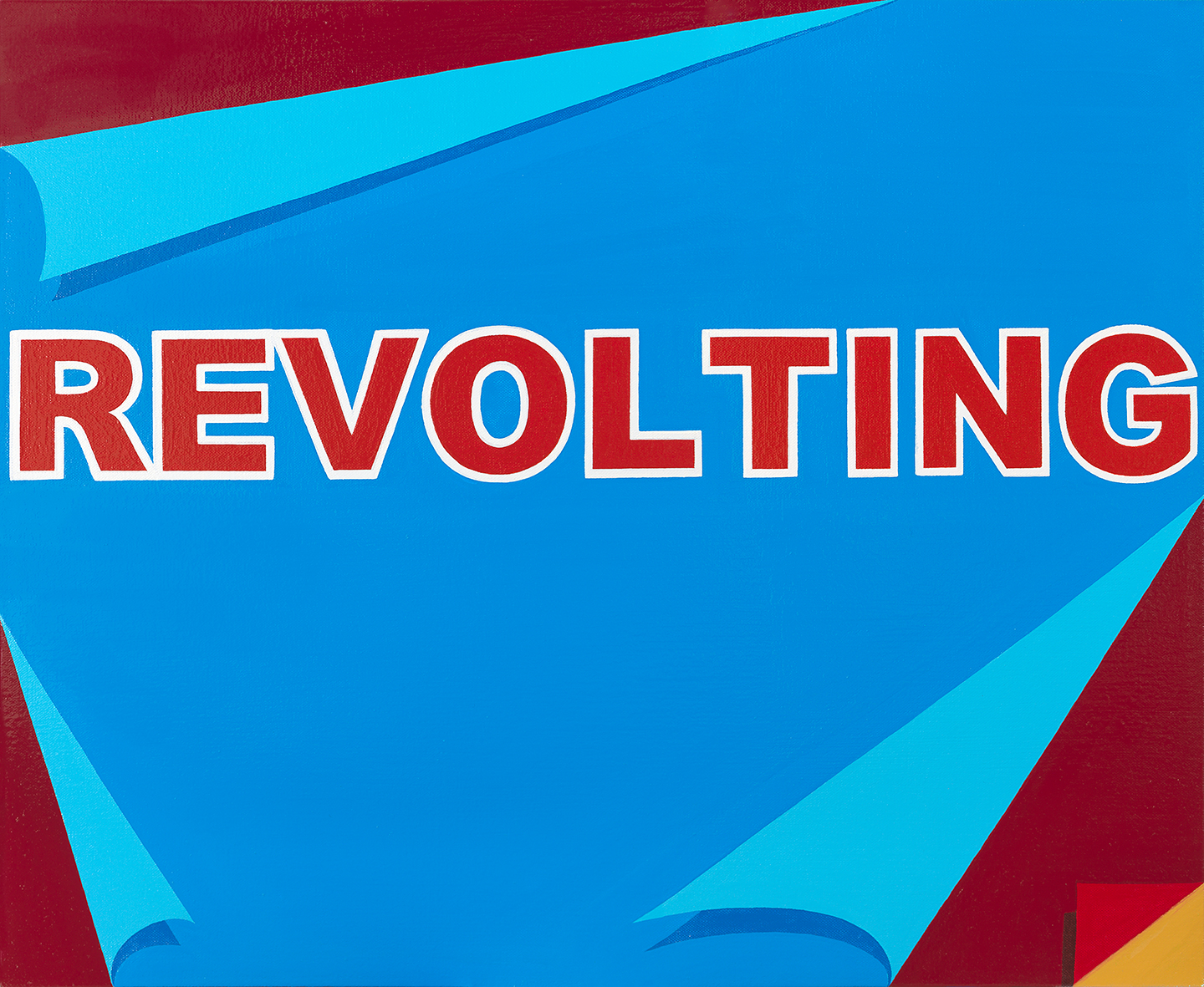 Bold red capital letters spelling "REVOLTING" with white outlines against a vibrant blue background, framed by geometric shapes in cyan and deep red that create a dynamic, angular composition suggesting movement and depth.