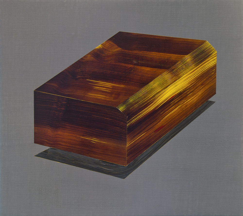 A wooden box rendered in rich browns and amber tones sits against a neutral gray background, its interior cavity visible from an angled perspective. Golden highlights streak across the wood grain, creating an illusion of luminosity and depth within the rectangular form, which casts a subtle shadow beneath it.