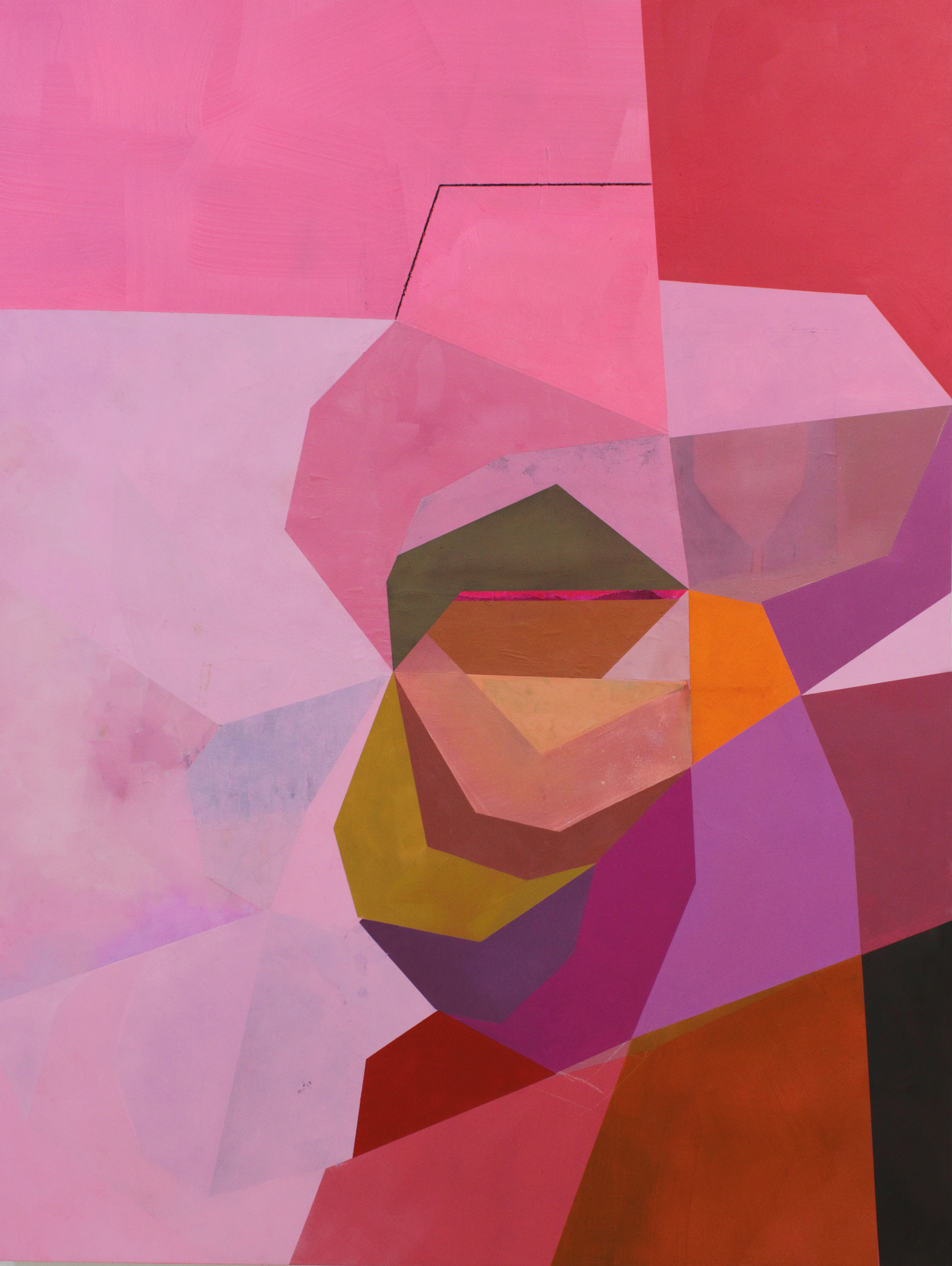 Abstract geometric composition featuring overlapping polygonal shapes in shades of pink, magenta, brown, olive, orange, and deep red, creating a layered, three-dimensional effect against a soft pink background. The fragmented forms suggest a cubist interpretation of a face or figure rendered in mixed media with both opaque and translucent planes.