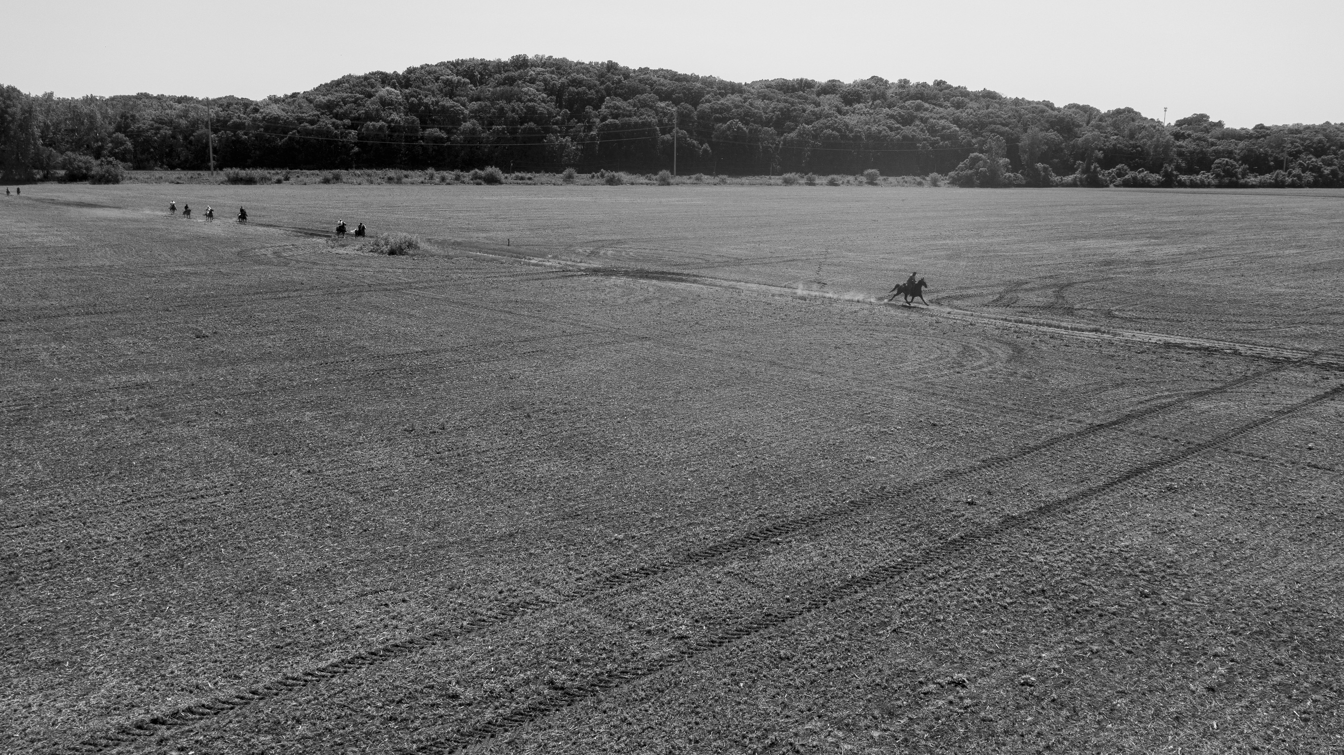 Black and white photograph of a vast, flat agricultural field with parallel furrow lines stretching toward the horizon. Small figures of people and horses are dispersed across the distant field, while a dense tree line forms a dark border along the top of the composition.
