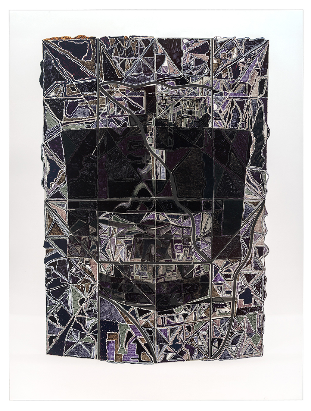 A gridded composition with a central dark rectangular void surrounded by intricate linear patterns in white and metallic tones against a black background. The layered, gestural marks create a dense, fragmented border that frames the empty center, suggesting depth and architectural or topographical elements.