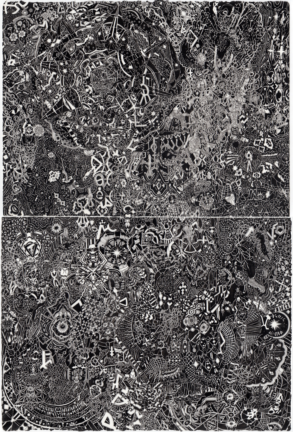 A densely layered black and white composition of intricate geometric patterns, symbols, and abstract figures covering two stacked rectangular panels. The work features overlapping lines, mechanical forms, ornamental designs, and gestural marks that create a complex, labyrinthine visual field with varying degrees of detail and density throughout.