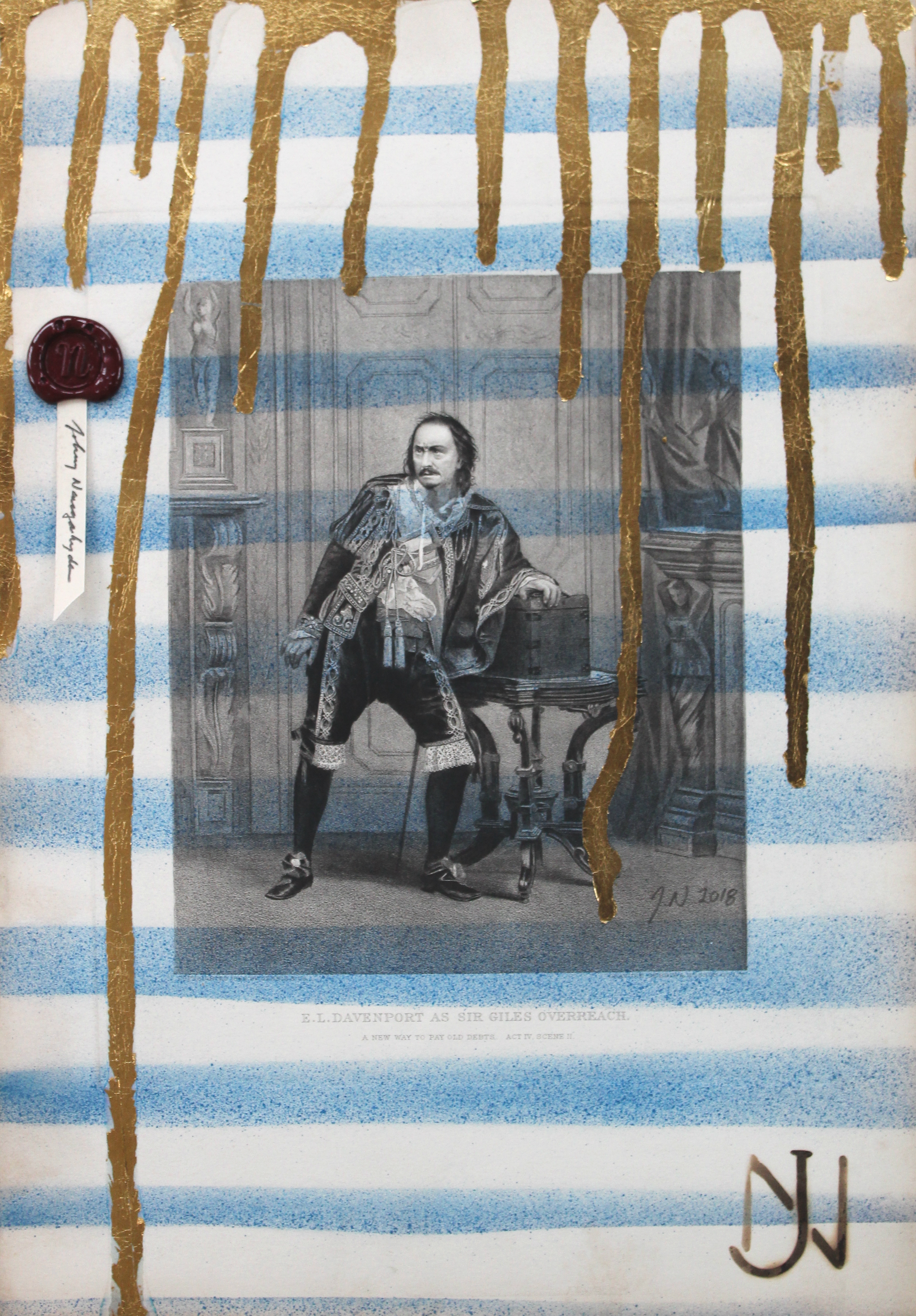 A mixed media collage featuring a black and white engraving of a man in elaborate 18th-century costume seated indoors, overlaid on a background of horizontal stripes in gold, white, and blue. Dripping gold paint runs vertically across the composition, and a wax seal appears in the upper left corner.