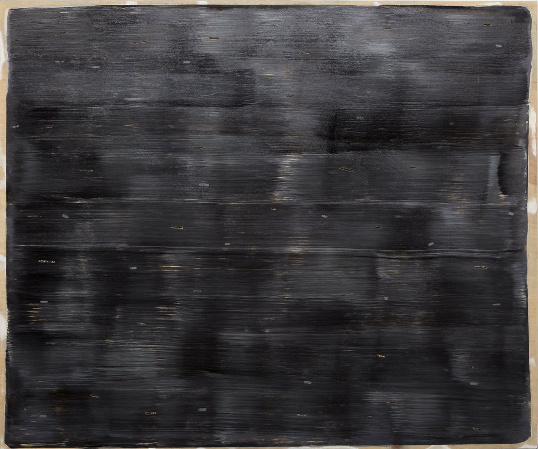 Dark abstract composition featuring horizontal brushstrokes and layered marks across a predominantly black surface, with subtle variations in tone and occasional metallic accents creating depth and movement across the panel.