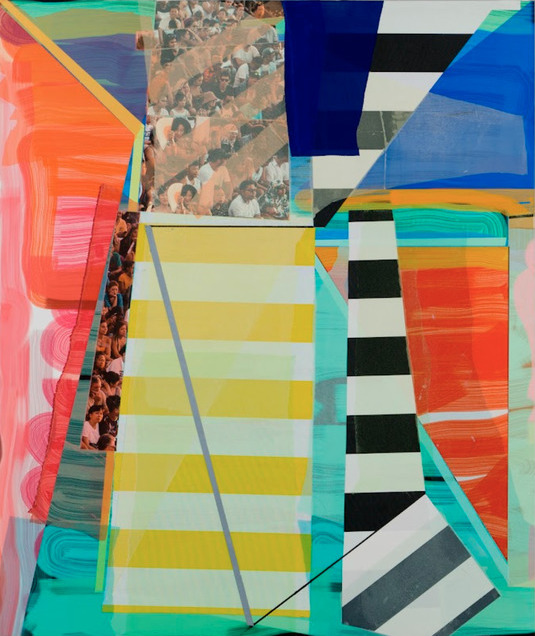 Vibrant abstract mixed-media composition featuring layered geometric shapes in bold colors including coral red, turquoise, yellow, and navy blue, with intersecting stripes, blocks, and angular forms. The work incorporates painted elements, patterned fabric fragments, and printed imagery including an aerial photograph, creating a dynamic, multi-textured collage effect.