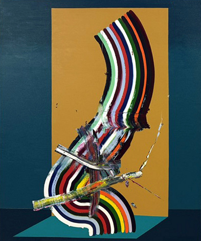 Curved bands of black, white, red, yellow, and green stripes radiate from a central sculptural element featuring twisted metallic and painted forms, mounted on a gold panel against a teal wall, creating a dynamic interplay between geometric pattern and gestural abstraction.