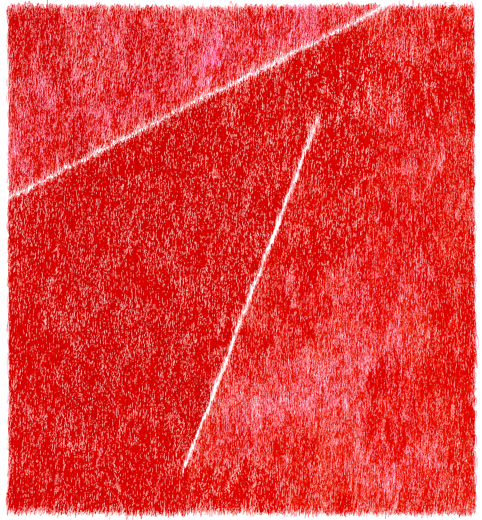Abstract composition of red and pink tones executed in a gestural, linear technique, with white diagonal lines dividing the canvas into sections of varying density and intensity. The work emphasizes movement and texture through overlapping marks and shifts in color saturation across the rectangular format.