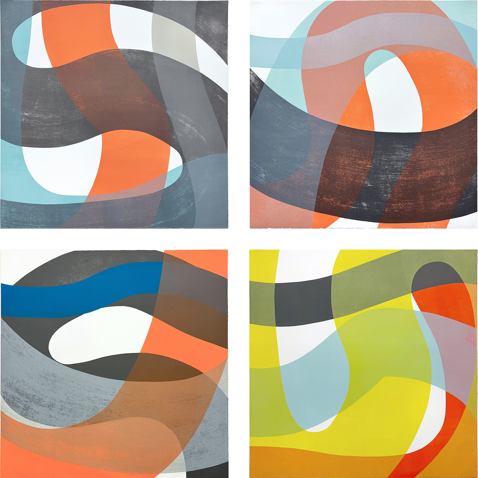 Four abstract compositions featuring layered geometric forms and curved shapes in vibrant colors including orange, turquoise, yellow, and neutral tones. The works demonstrate overlapping planes and translucent effects that create depth and movement across each canvas, with organic curves intersecting angular elements throughout.