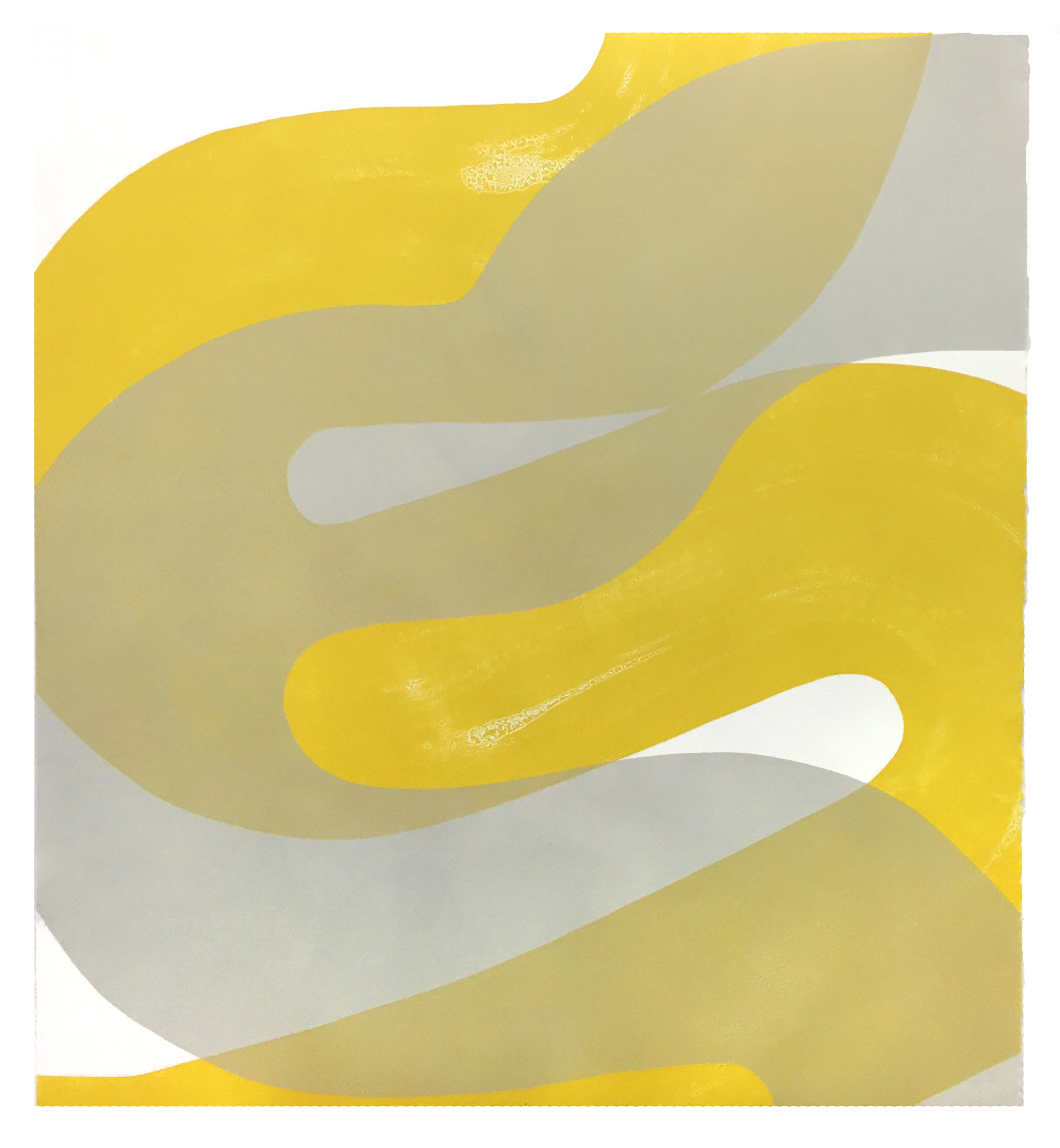 Abstract composition of interlocking curved forms in vibrant yellow, soft taupe, and pale gray with white accents, creating a dynamic layered effect with smooth, flowing lines and subtle texture throughout.