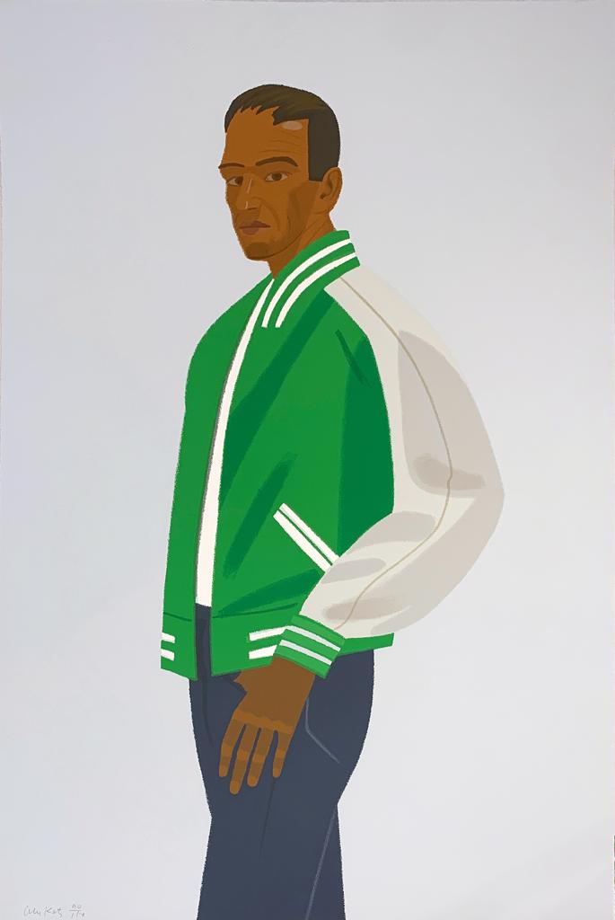 A man depicted in profile wearing a green and white track jacket with navy pants and brown gloves, set against a light gray background. The figure is rendered in bold, flat areas of color with minimal shading, characteristic of contemporary portrait art.