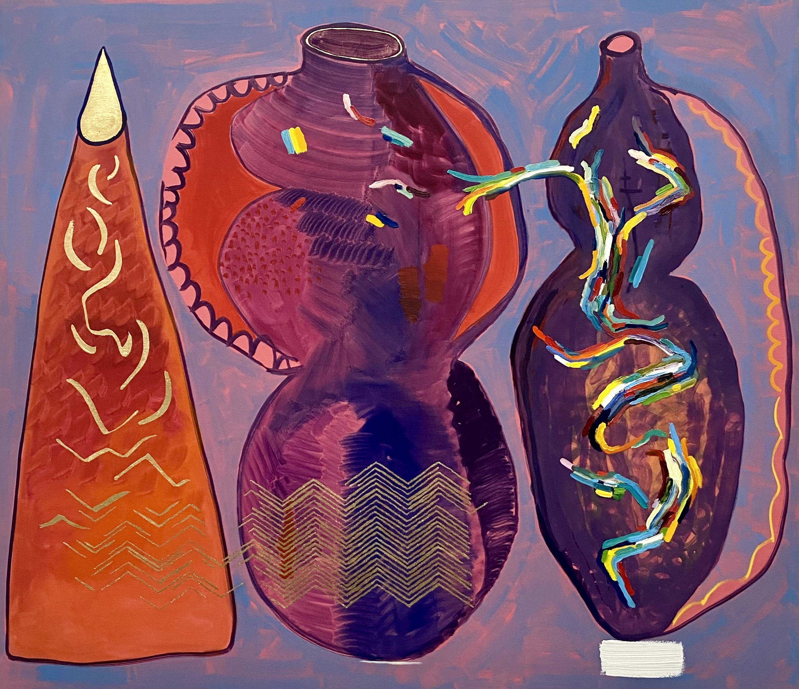 Three stylized vessel forms painted in deep purples and warm oranges against a textured blue-purple background. The left form is a narrow cone with flame-like linear patterns in gold leaf; the center and right vessels are rounded with decorative details including chevron patterns, colorful striped organic lines, and scalloped edges outlined in black, creating an abstract, ceremonial aesthetic.