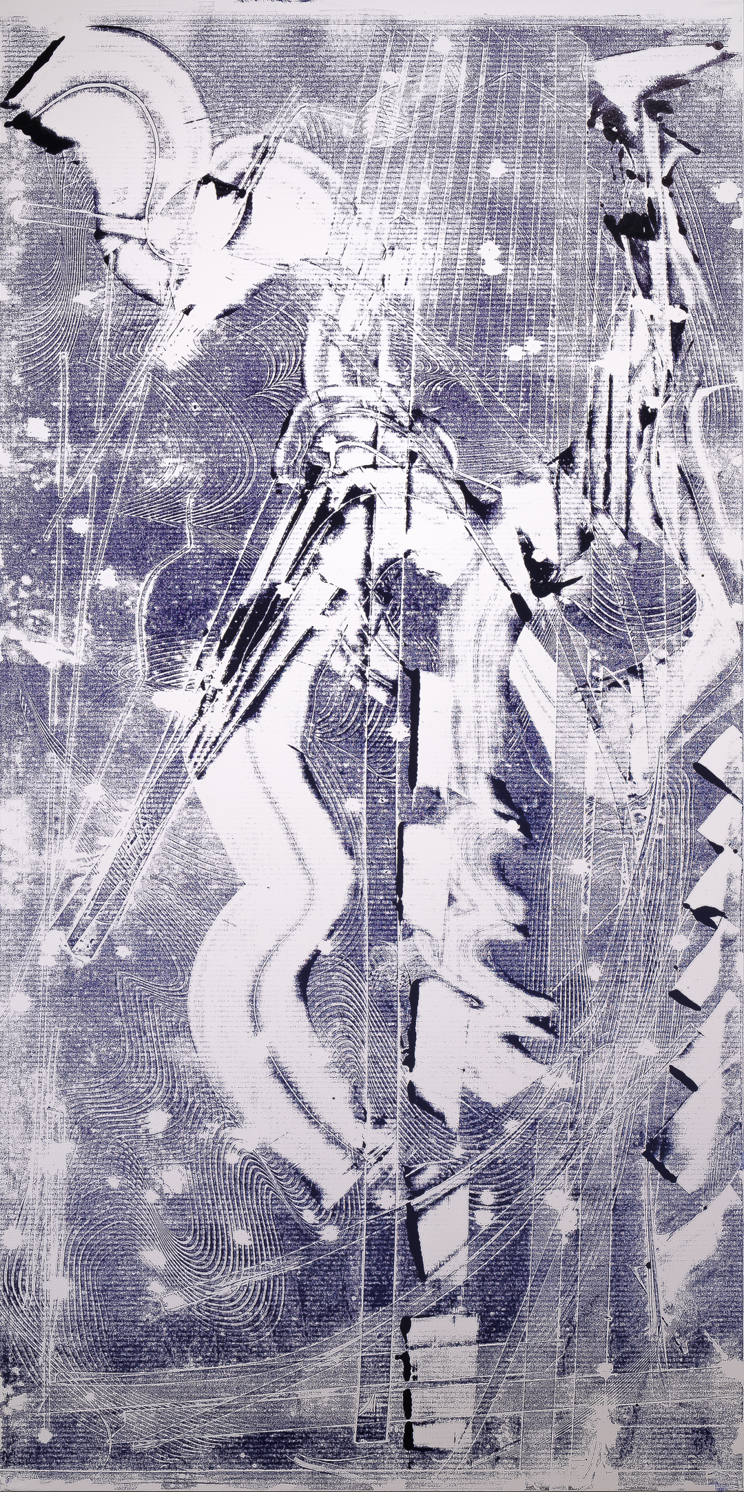 Abstract vertical composition in blue and white featuring overlapping organic forms and geometric elements. Layered gestural marks and flowing curves create depth across the canvas, with contrasting areas of dense linework and open space.