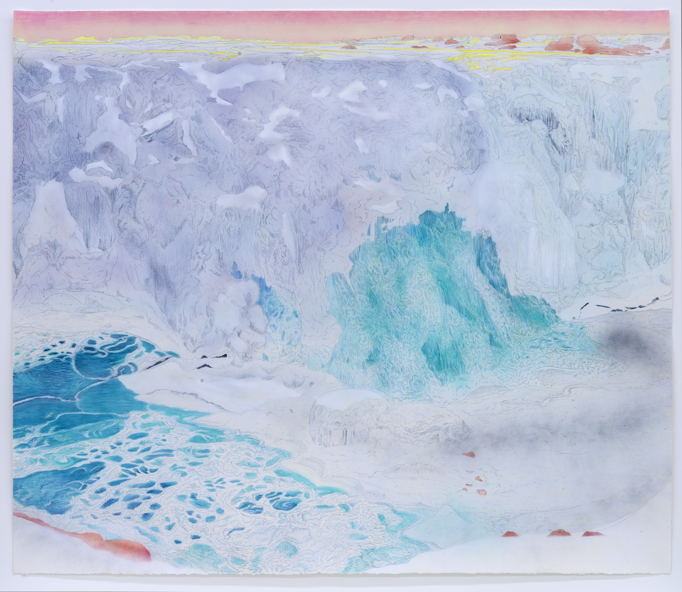 A winter landscape painting depicting a frozen waterfall surrounded by snow-covered terrain. Turquoise and blue ice formations rise prominently in the center, contrasted against pale lavender and white snow banks. The composition features a pink-tinged sky at the horizon with touches of yellow, while reddish-brown rocky outcrops dot the snowy ground below.