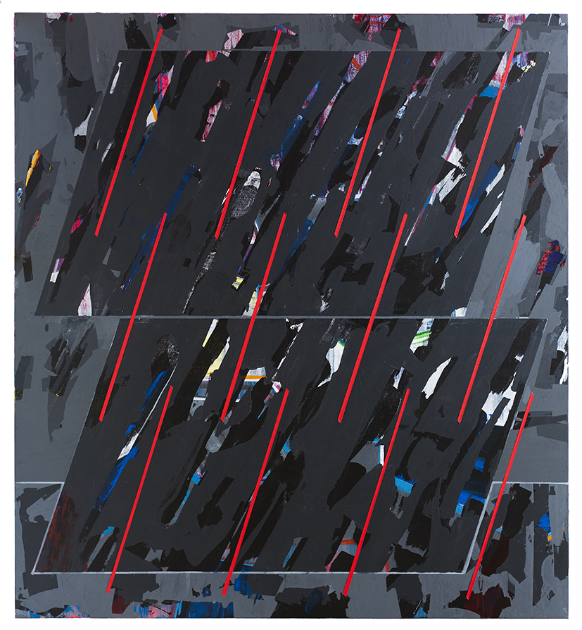 Overhead view of a parking lot rendered in dark grays and blacks, with colorfully dressed figures scattered among parking spaces marked by bright red lines. Vibrant blues, pinks, purples, and whites accent the composition, creating dynamic contrast against the muted pavement.