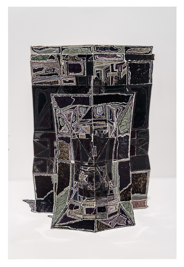 Abstract composition featuring bold black outlines and geometric forms layered across a light gray background, with areas of deep black, white, and muted green and brown tones creating a fragmented, architectural quality.