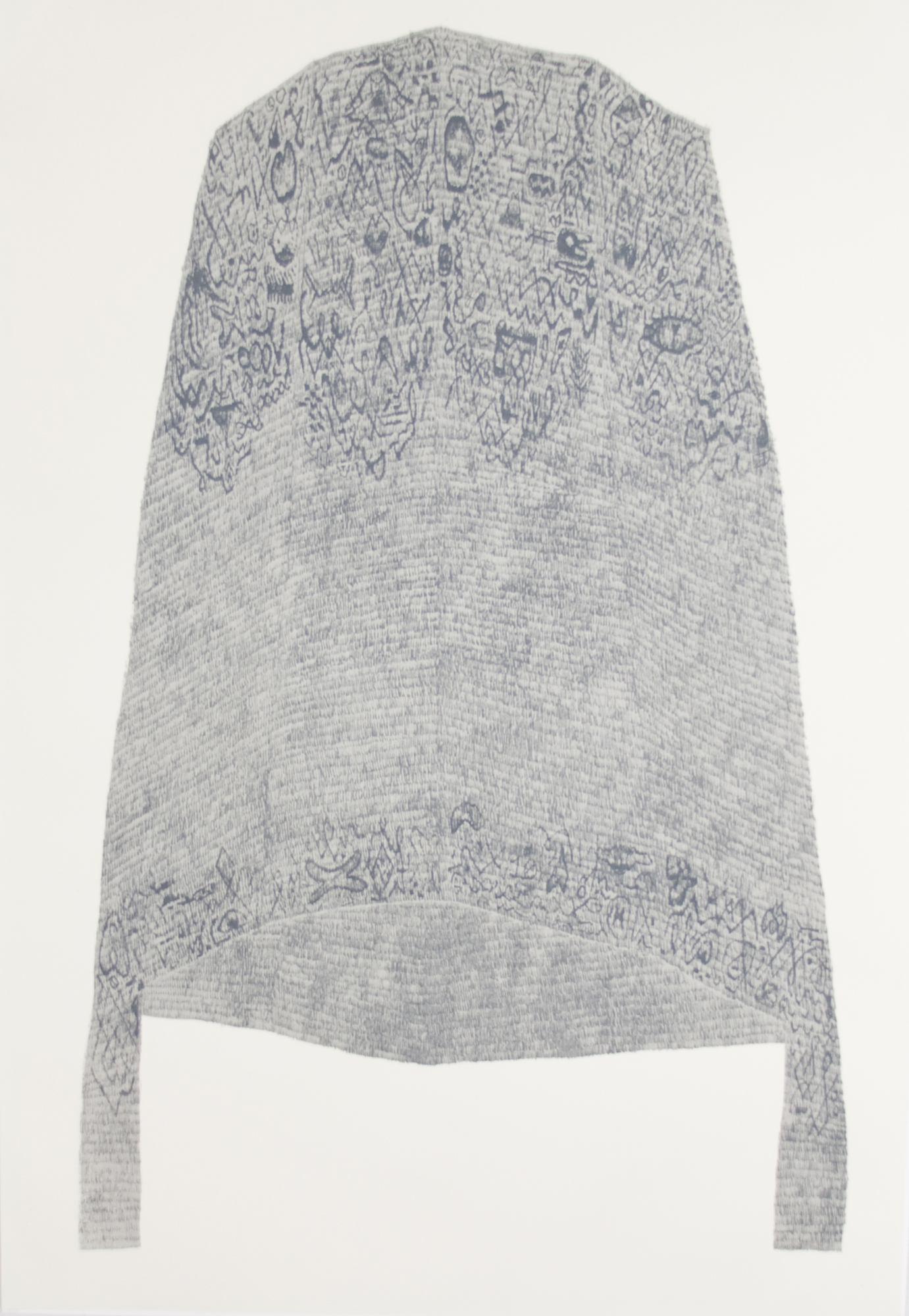 A light gray rectangular composition featuring dense, intricate line drawings and abstract patterns concentrated along the top and bottom edges, with a lighter textured center section. The work employs a monochromatic palette with varying tones of gray creating depth and visual rhythm across the surface.