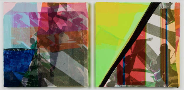Two square panels featuring layered, translucent geometric shapes in vibrant colors. The left panel combines soft pastels with deep blues and burgundies, while the right features bright yellow-green with red and black linear elements. Both works employ overlapping transparent planes and textured materials creating depth and movement across their surfaces.