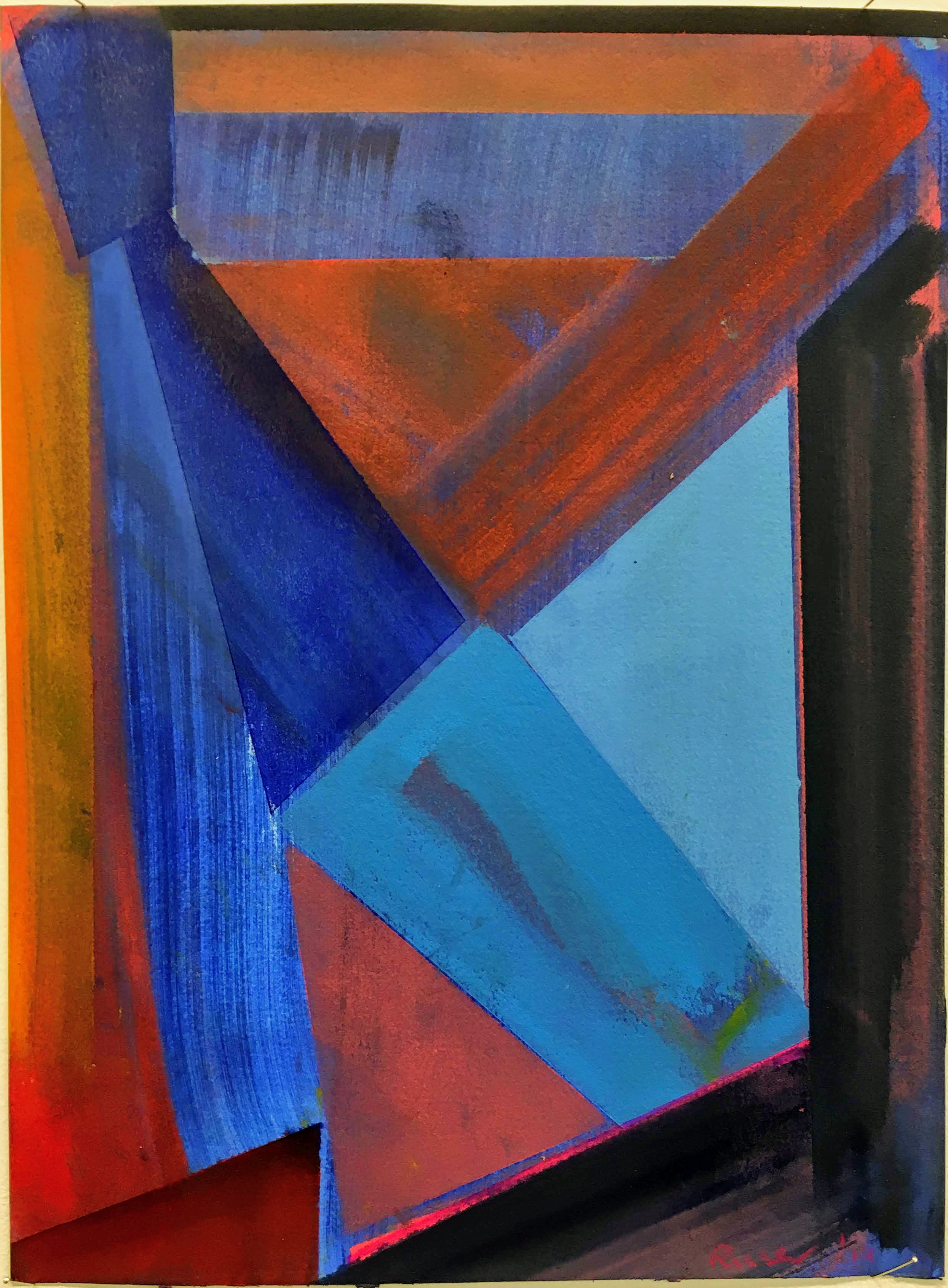 Abstract composition featuring overlapping geometric shapes in vivid blues, reds, oranges, and cyans arranged in a dynamic angular composition. Brushwork varies from smooth color fields to visible directional strokes, creating depth and movement across the canvas.