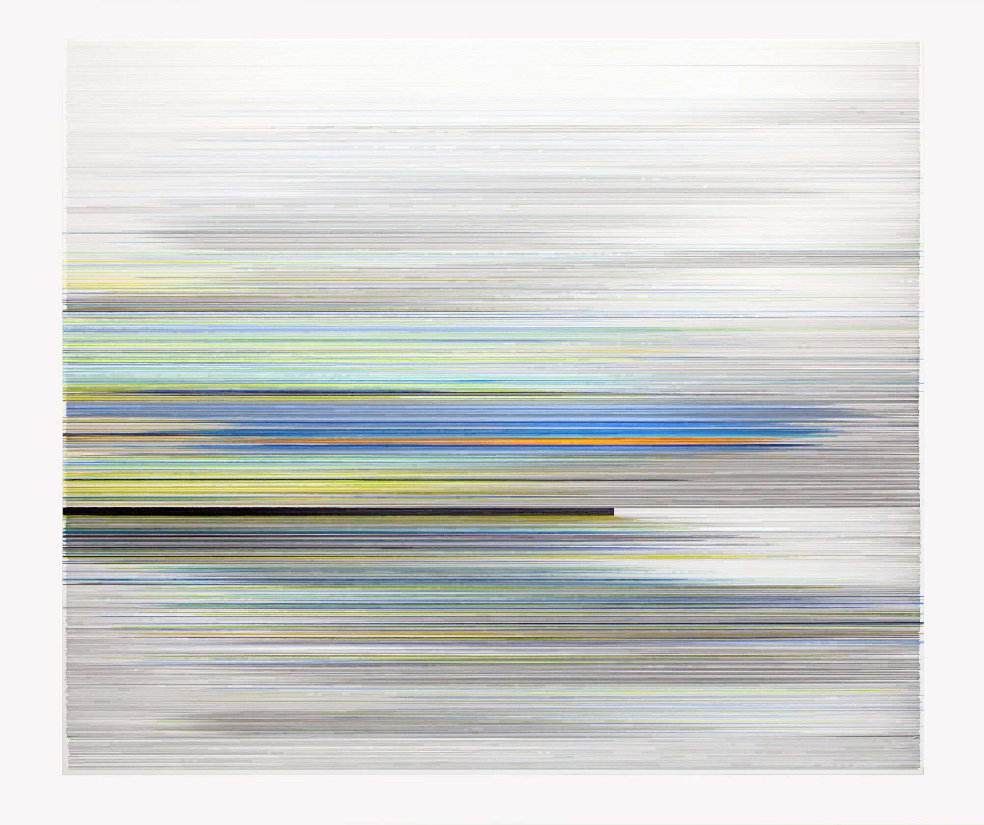 Horizontal bands of graphite and colored pencil in blues, yellows, greens, and grays layer across mat board, creating an abstract composition that suggests atmospheric stratification or geological strata. A prominent dark band interrupts the center, while the overall effect evokes both landscape and data visualization through precise linear mark-making.