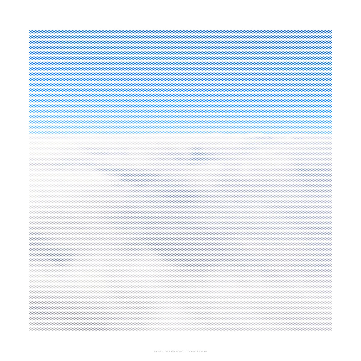 A minimalist composition divided horizontally into two sections: a densely dotted blue upper half gradually transitioning to a lighter, nearly white lower half. The dotted texture creates a subtle gradient effect across the entire surface, suggesting atmospheric or aerial perspective.