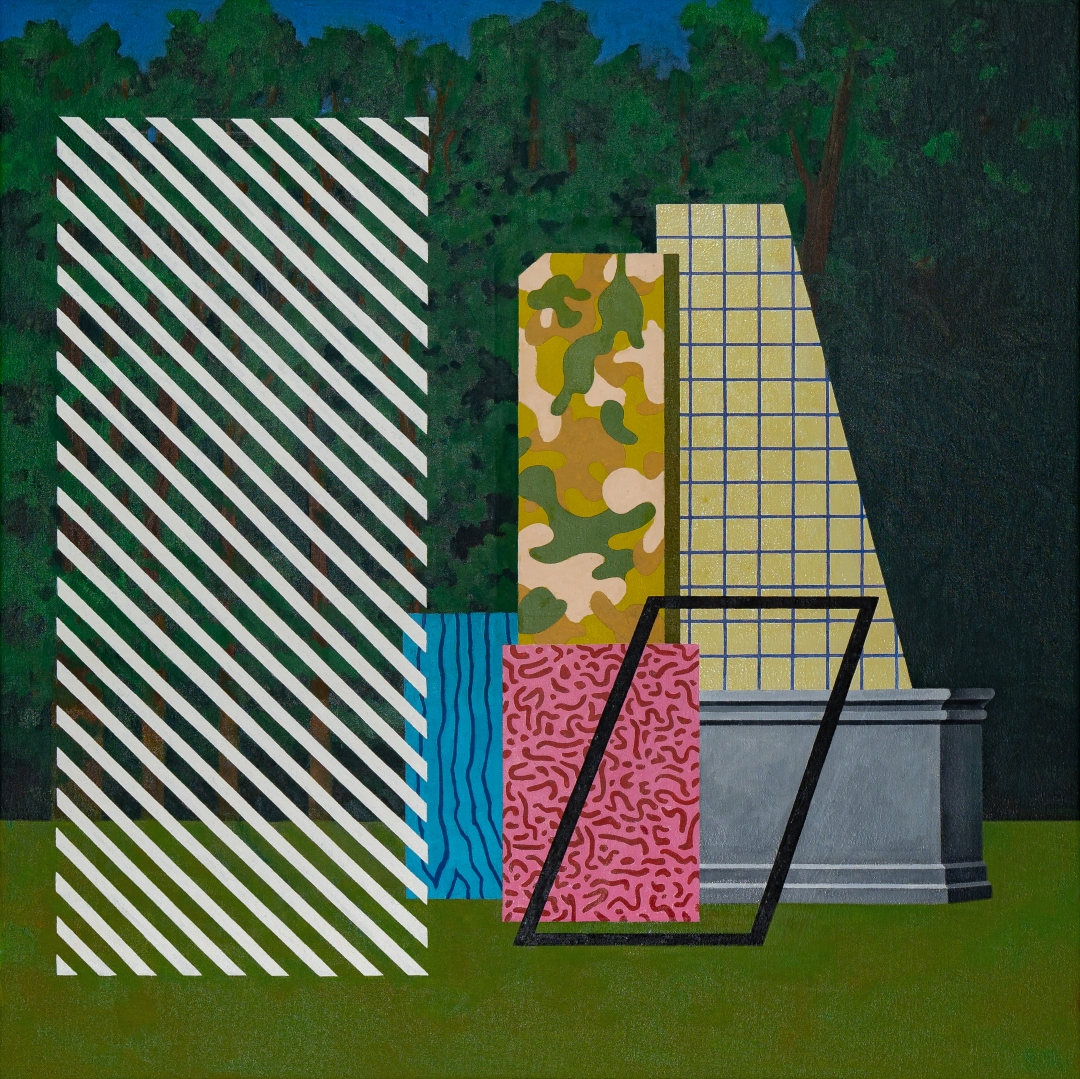 Abstract composition featuring geometric shapes with contrasting patterns set against a forest backdrop. A large rectangular panel with diagonal green and white stripes dominates the left side, while overlapping forms on the right display camouflage, grid, wavy, and terrazzo patterns in shades of yellow, green, blue, and pink, anchored by a gray stone base element.
