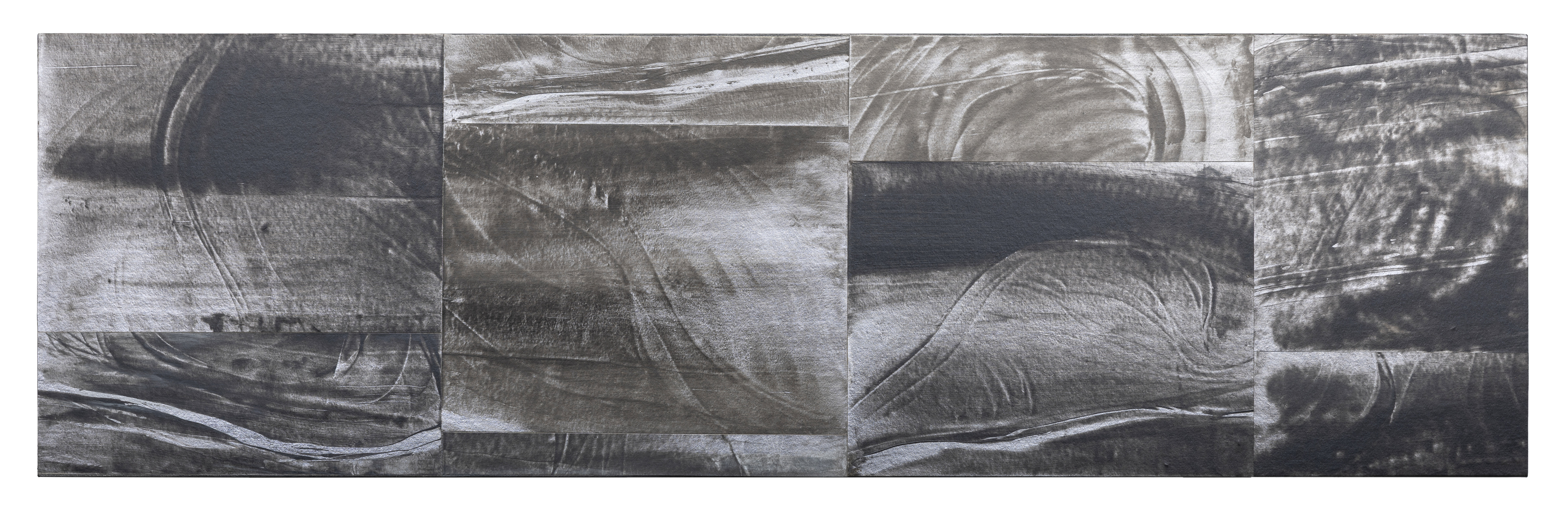 Horizontal panel of grayscale abstracted landscape imagery with sweeping curved lines and layered forms suggesting water or geological formations, composed of nine rectangular sections arranged in a grid creating a fragmented, panoramic effect.
