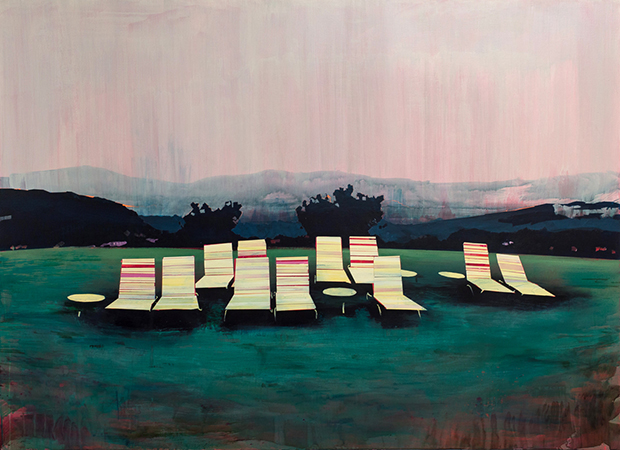 A landscape painting depicting a row of striped lounge chairs arranged in a shallow turquoise water, with dark silhouetted hills and trees under a soft pink and gray sky. The composition uses muted, atmospheric colors with loose brushwork to create a contemplative scene blending leisure and natural scenery.