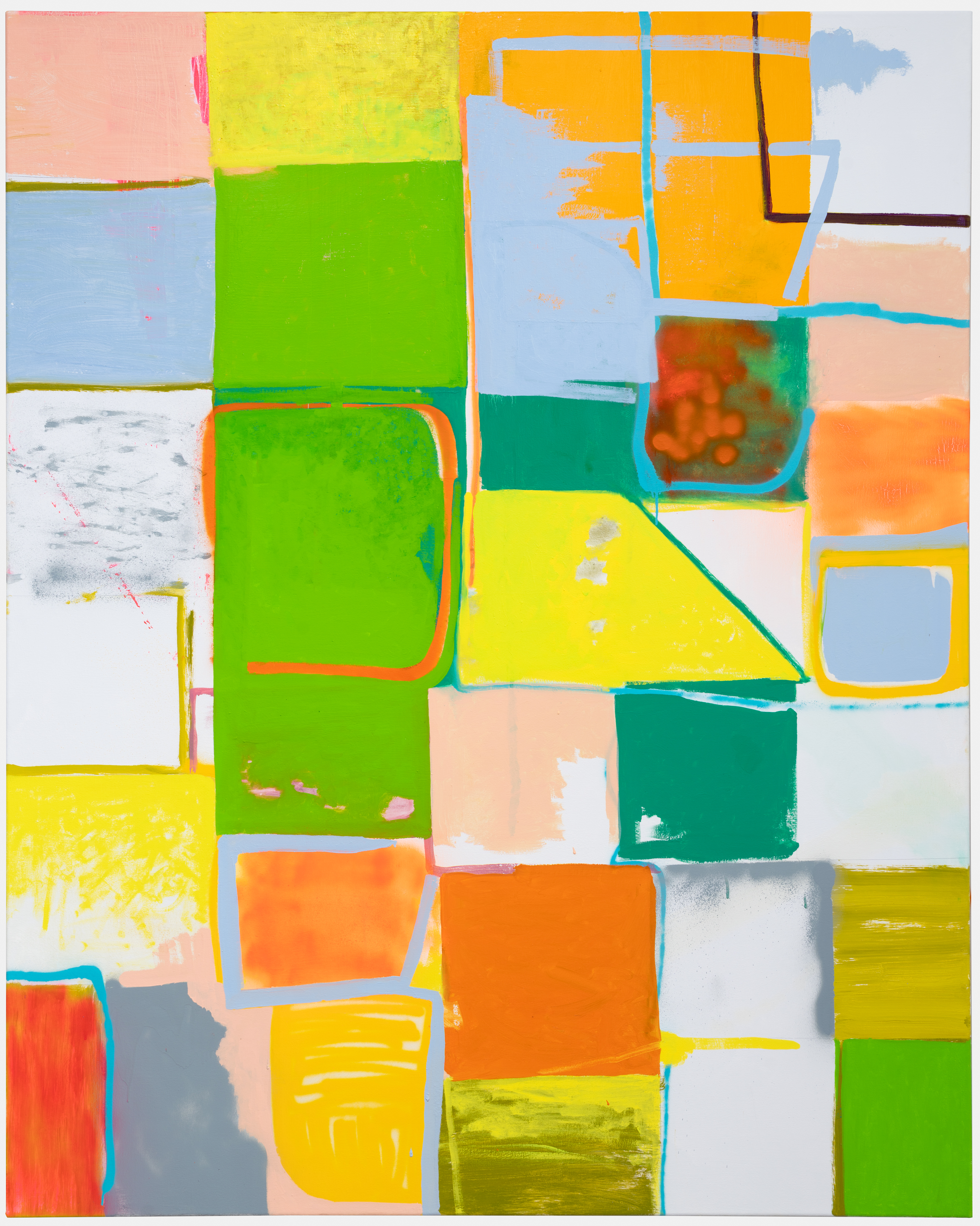 Abstract composition featuring a dense grid of overlapping rectangular and geometric shapes in vibrant colors including lime green, bright yellow, orange, blue, and teal, with some areas left white or cream-colored. Thin colored lines—red, blue, yellow, and teal—delineate sections throughout, while gestural marks, sketches, and expressive brushstrokes create visual texture across the canvas.