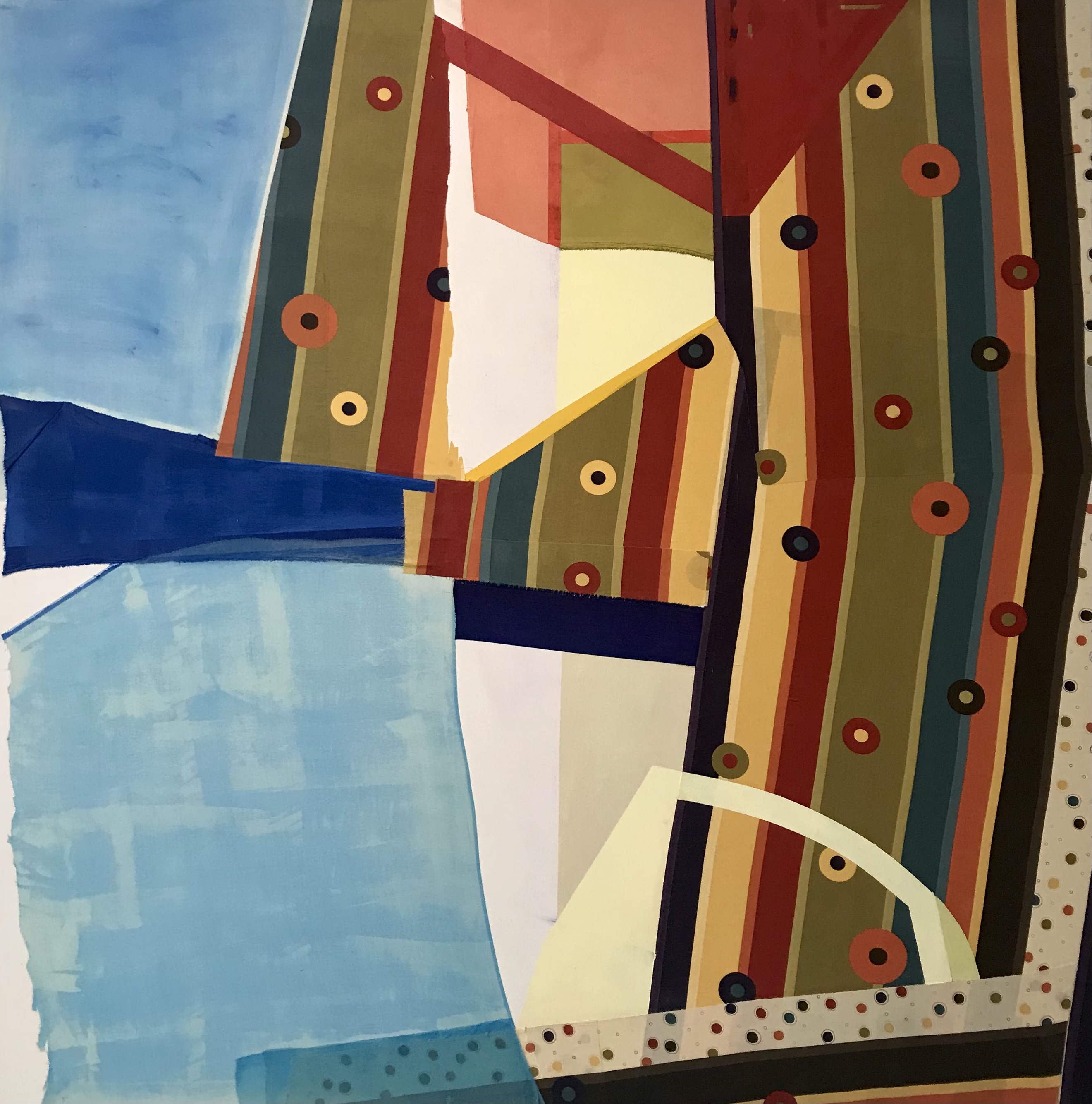 Abstract composition featuring geometric shapes in bold stripes of olive, rust, coral, and cream tones, with a bright blue curved form on the left and decorative circular embellishments in varying sizes scattered throughout. Layered planes and intersecting lines create depth across the canvas, with a polka-dotted border along the bottom edge.