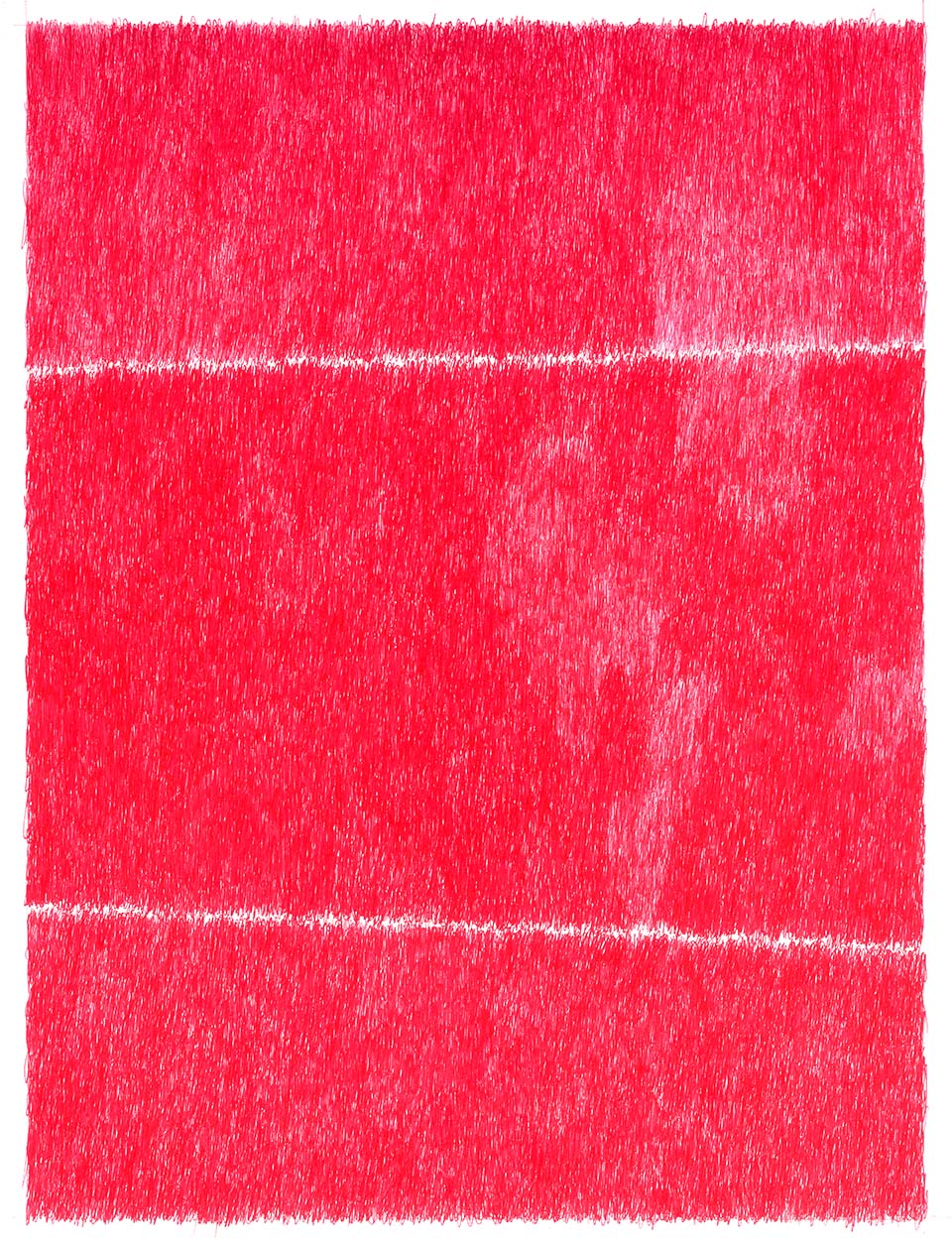 A vibrant red abstraction composed of vertical linear marks and gestural strokes, divided into three horizontal sections by thin white bands. The densely layered marks create a textured, almost fibrillated surface with variations in tone and intensity across the composition.