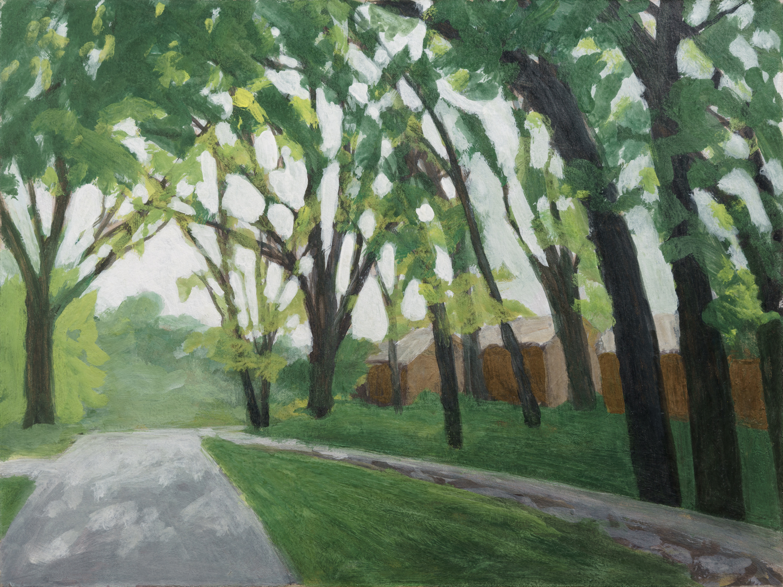 A tempera and wax painting depicting a tree-lined country road receding into the distance. Tall trees with dark trunks frame both sides of the composition, their canopies filled with bright green foliage and white highlights suggesting dappled sunlight. A pale gray road curves through the foreground while lush green grass borders the path, with brown fencing visible in the misty background.