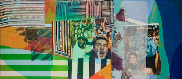 A vibrant collage featuring overlapping photographs and painted elements in bold colors including orange, green, teal, and burgundy. Horizontal stripes and geometric shapes intersect with candid images of people, creating a dynamic composition that merges digital and painted surfaces across the canvas.