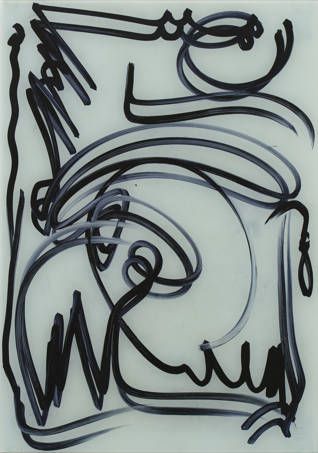 Abstract composition in black and blue ink on white paper, featuring bold, flowing curved lines and gestural marks that interweave across the surface. The dynamic strokes create a sense of movement and energy, with layered overlapping forms and organic, unpredictable linework throughout.